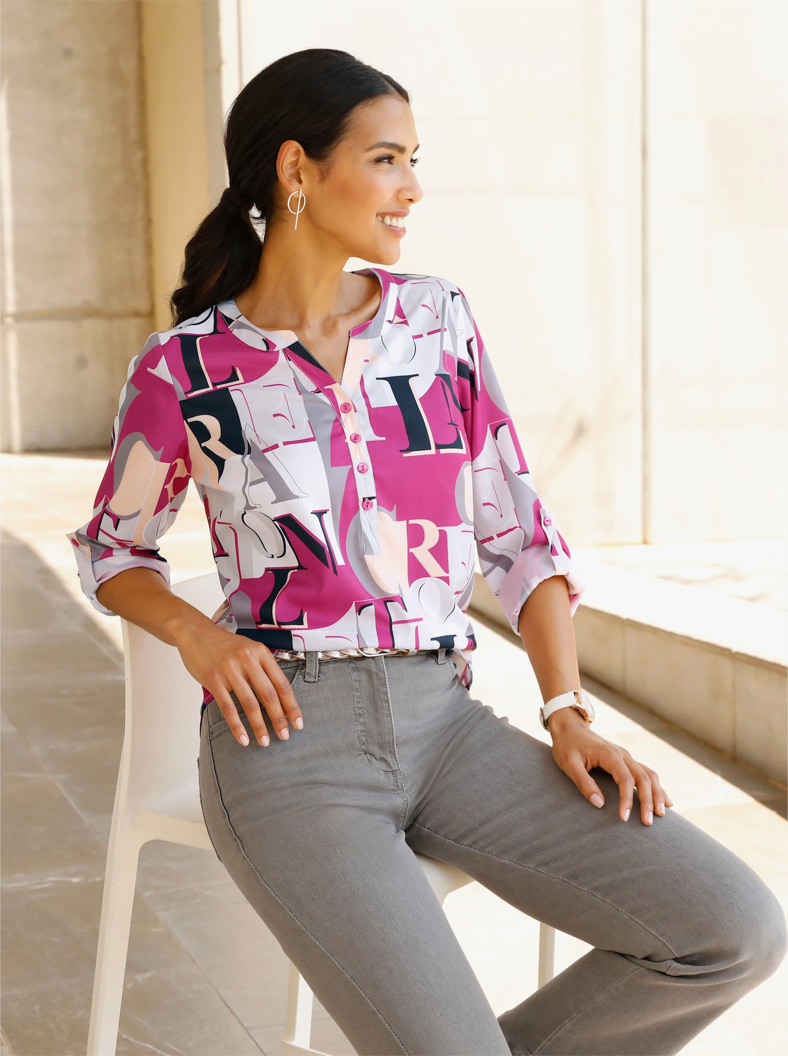 Langarmbluse mit Lettering-Druck - fuchsia-hellgrau-bedruckt