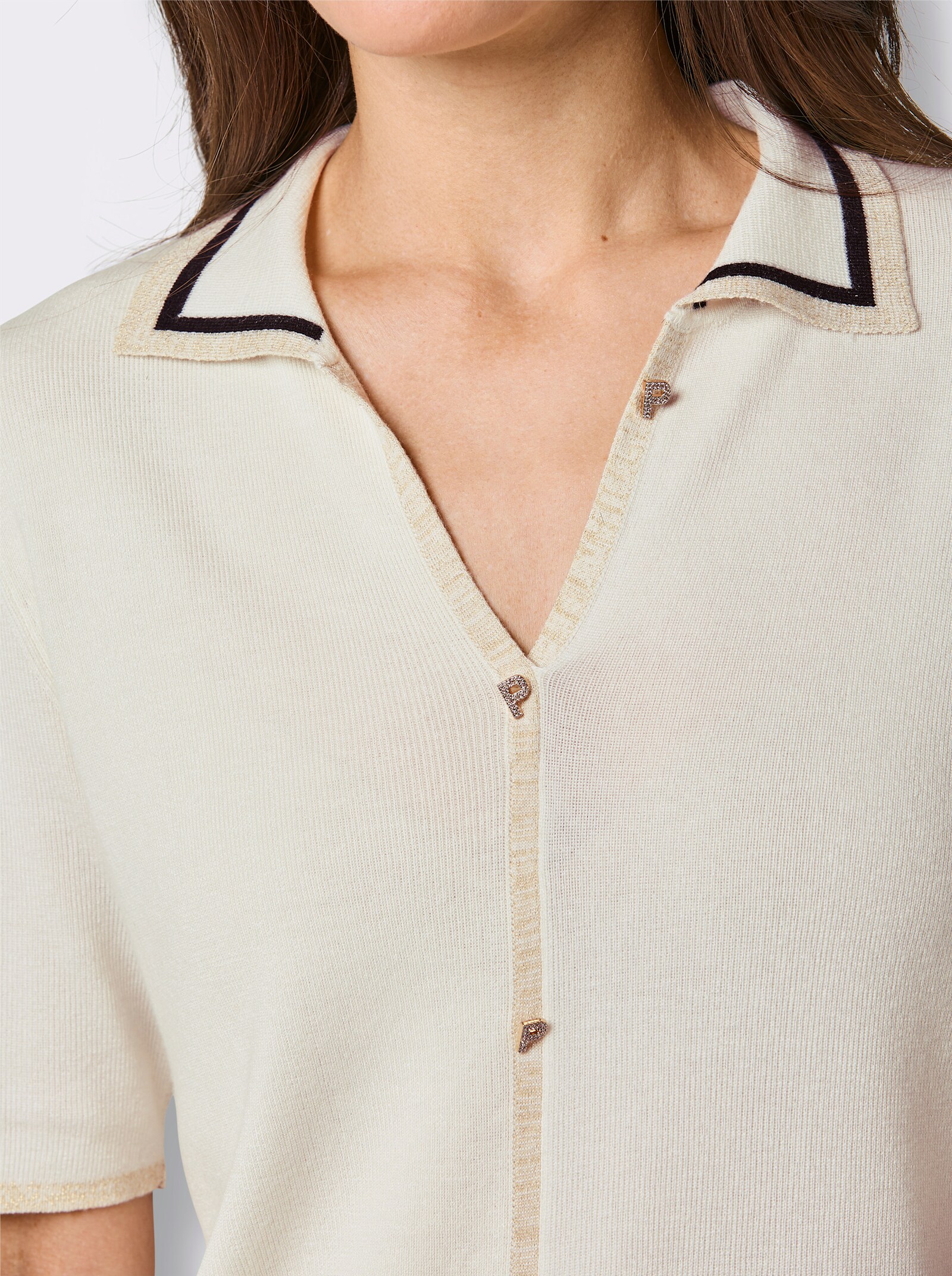 CREATION L PREMIUM Kurzarmpullover mit 65% Seide - ecru-goldfarben
