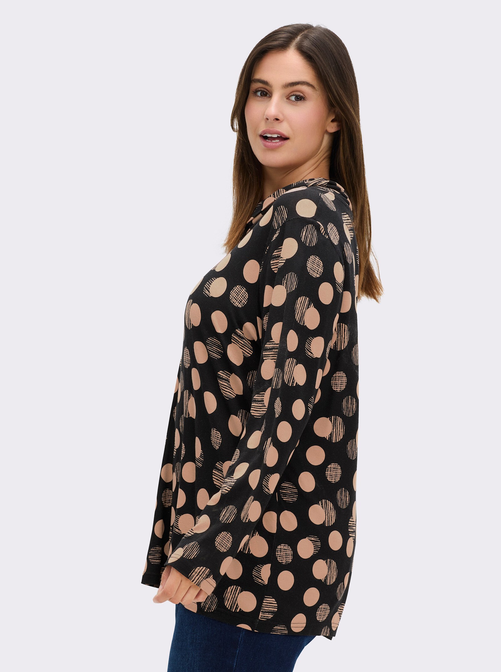 Rollkragenshirt mit Punkte-Druckdessin - schwarz-caramel-bedruckt