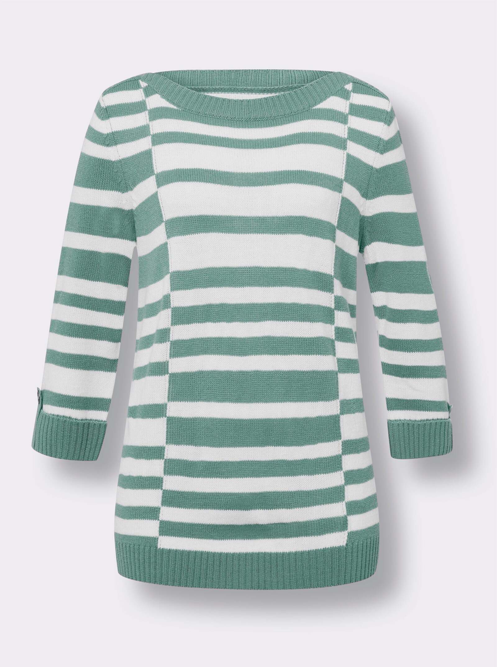 Pullover met 3/4-mouwen en boothals - salie/wit gedessineerd