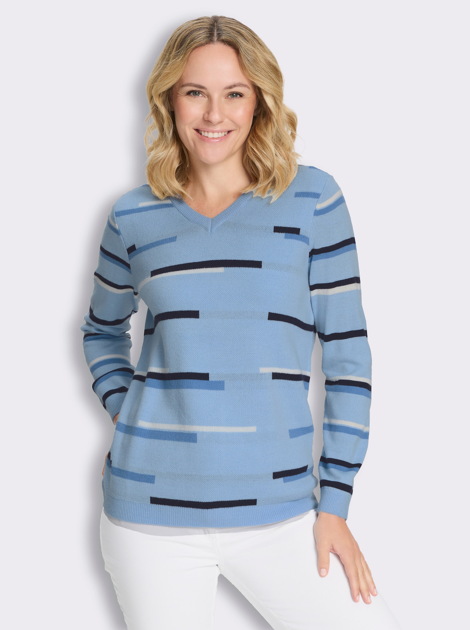 Langarm-Pullover in Jacquard-Streifenmuster - eisblau-mittelblau-gemustert