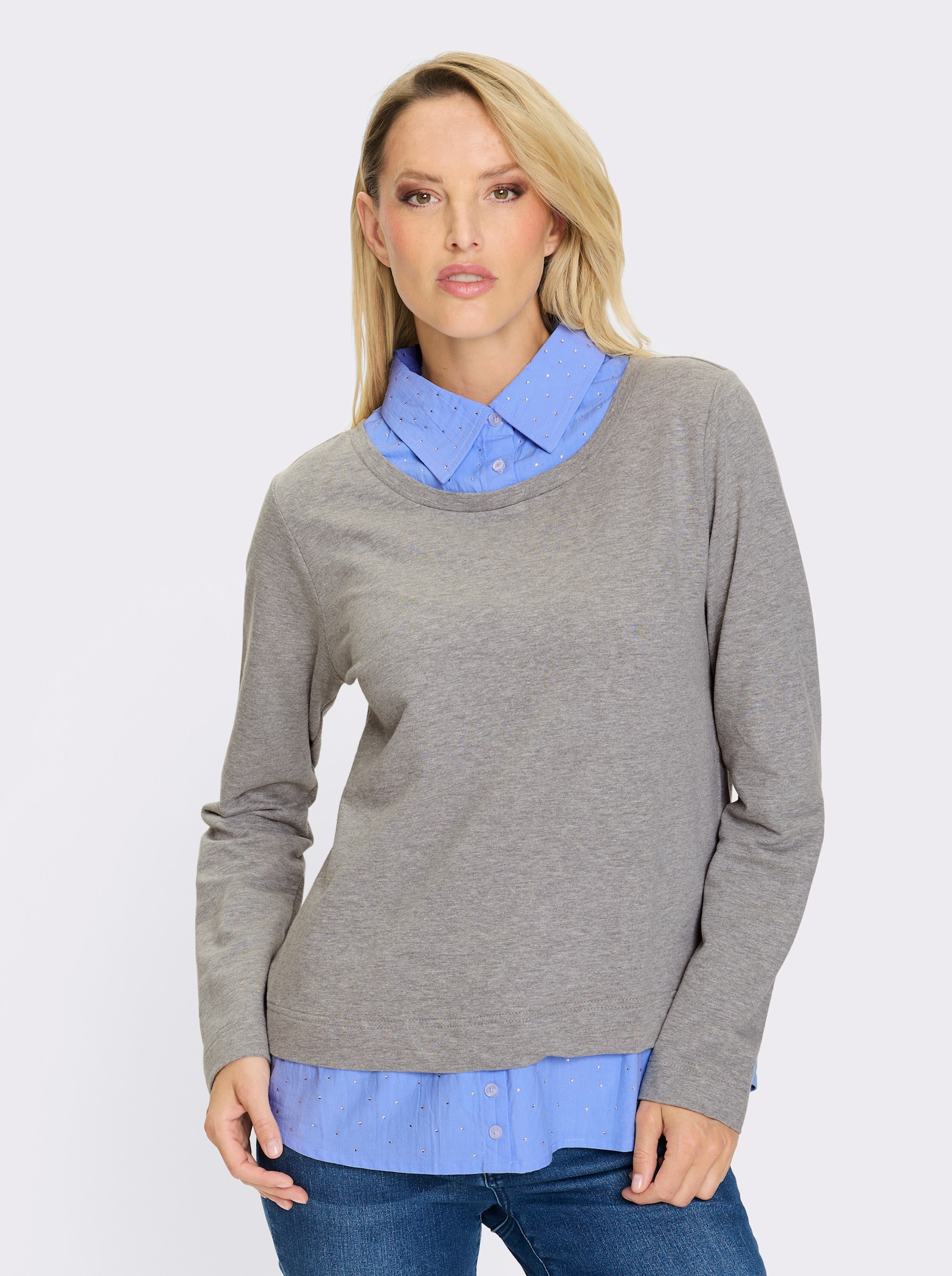 heine Sweatshirt mit Bluseneinsatz - grau-himmelblau-meliert