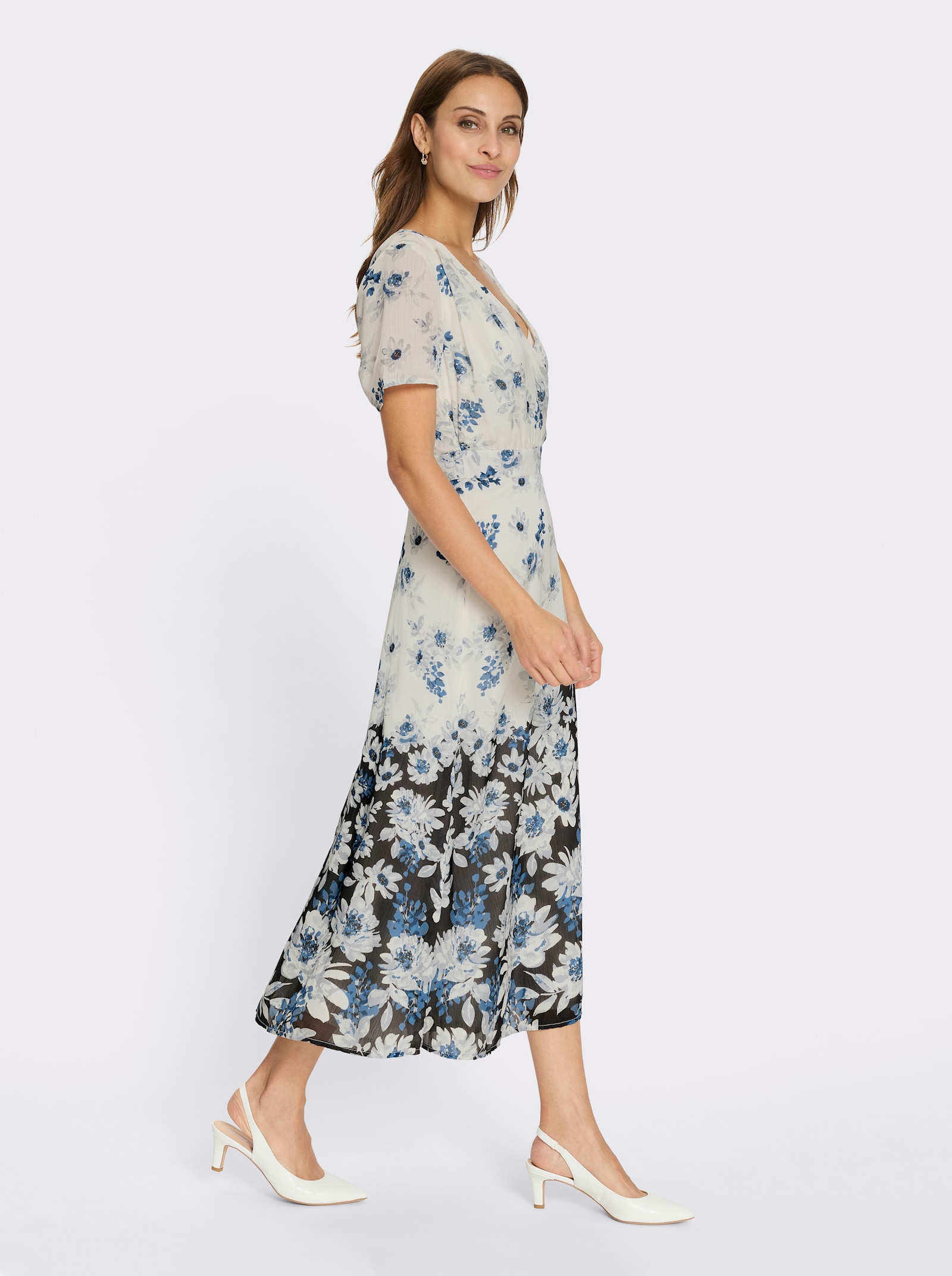 Satinkleid mit Bordüren-Druck - champagner-marine-bedruckt