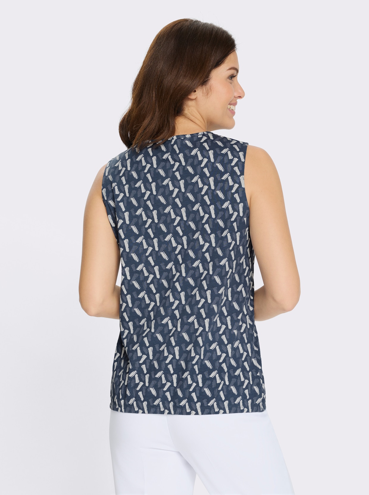 Shirttop mit elastischem Saum - dunkelblau-ecru-bedruckt