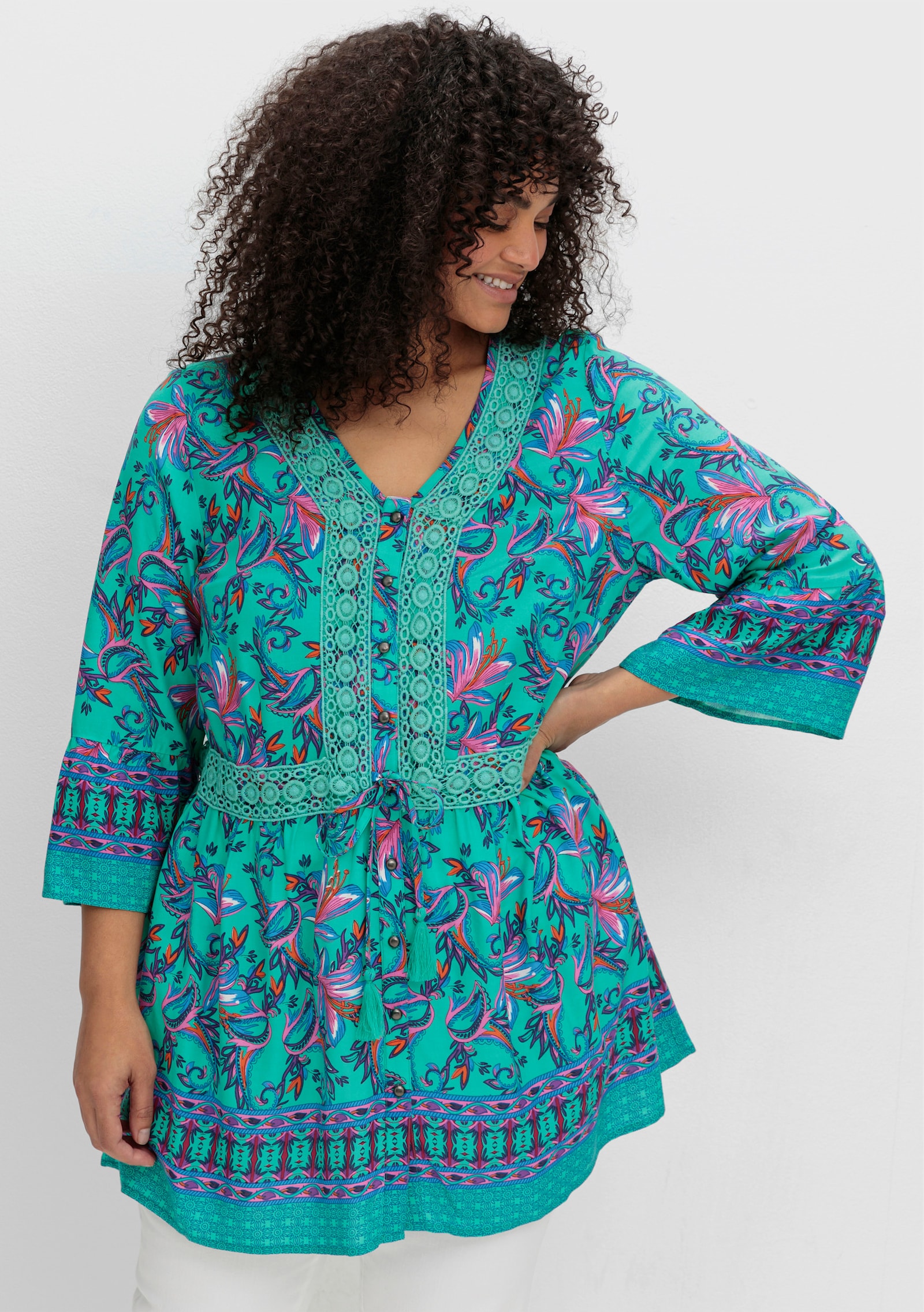 sheego by Joe Browns Longbluse im Boho-Look, mit Trompetenärmeln - aqua-gemustert