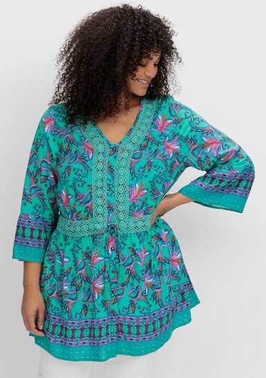 sheego by Joe Browns Longbluse im Boho-Look, mit Trompetenärmeln - aqua-gemustert