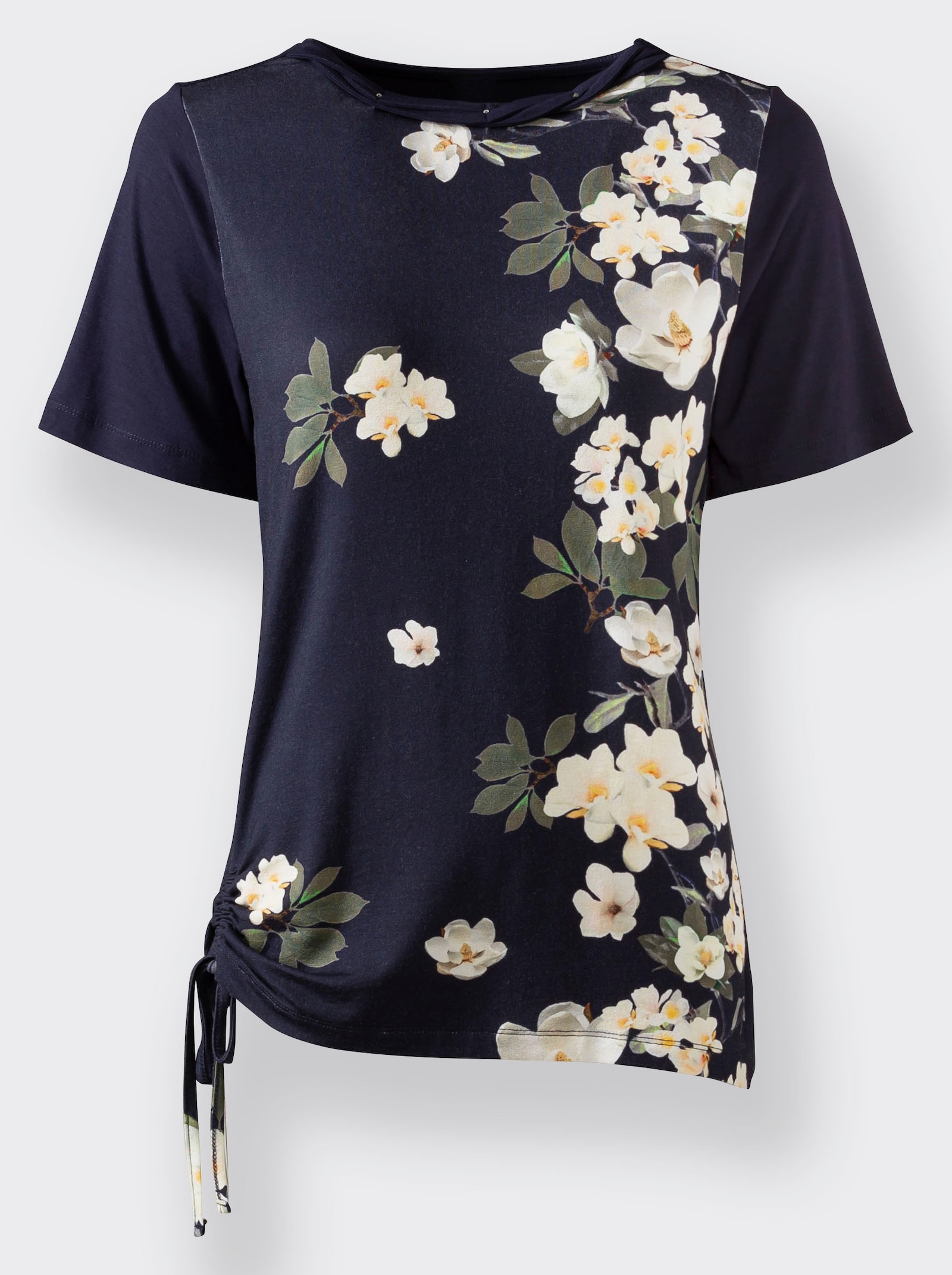 Rundhalsshirt mit Bindebändchen - marine-ecru-bedruckt