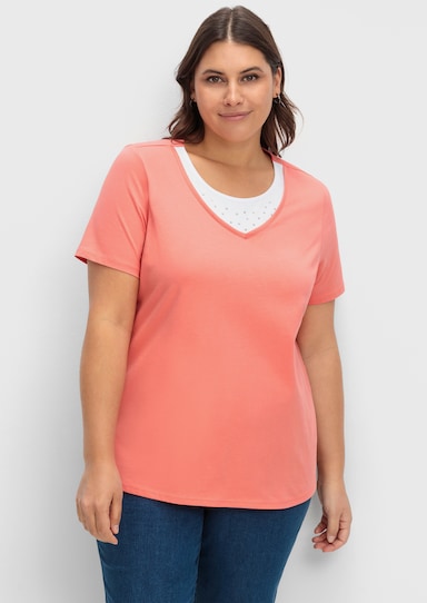 Kurzarmshirt mit Ziersteinchen - koralle