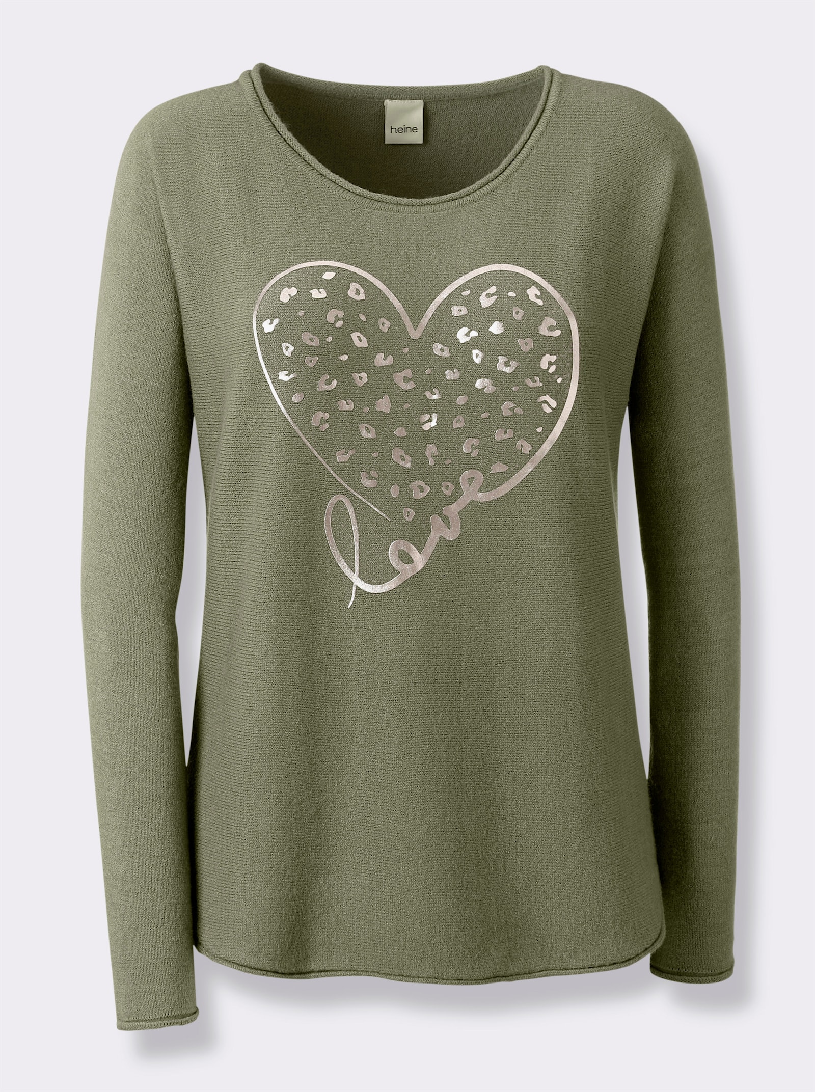heine Fledermauspullover mit Herz-Foliendruck - khaki