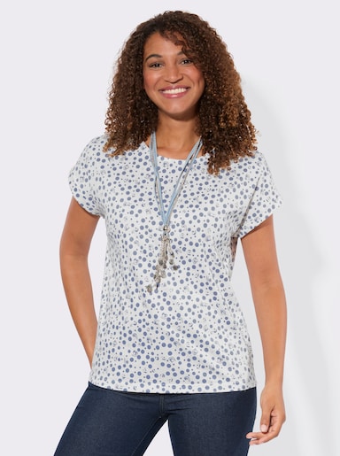 Print-Shirt aus reiner Baumwolle - taubenblau-ecru-bedruckt
