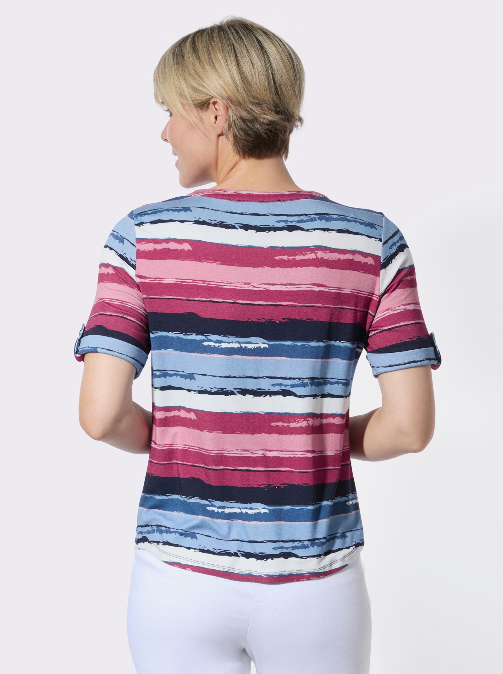 Rundhalsshirt mit kurzer Knopfleiste - rosé-marine-bedruckt