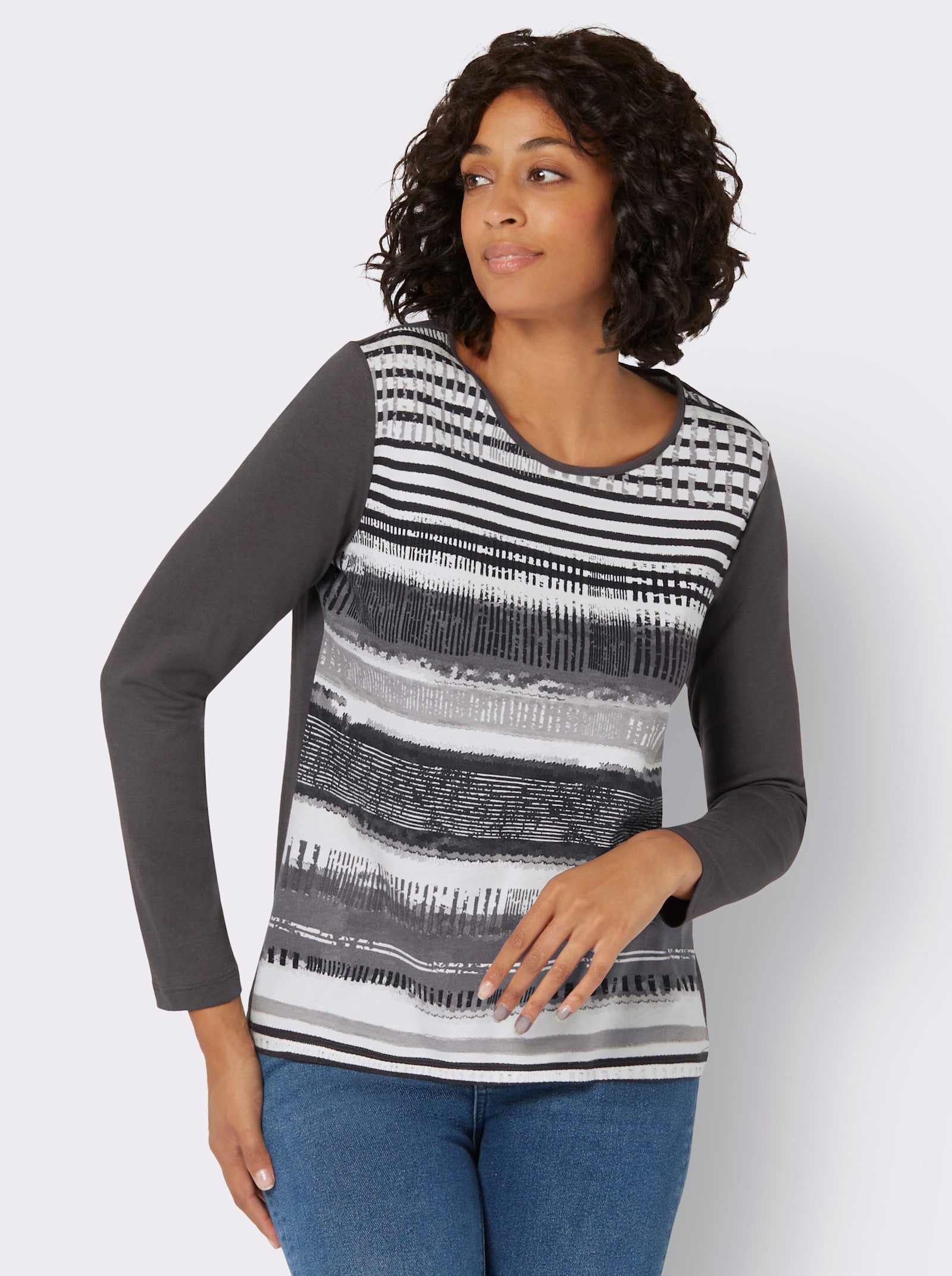 Shirt met lange mouwen en grafisch patroon voor - donkergrijs gestreept