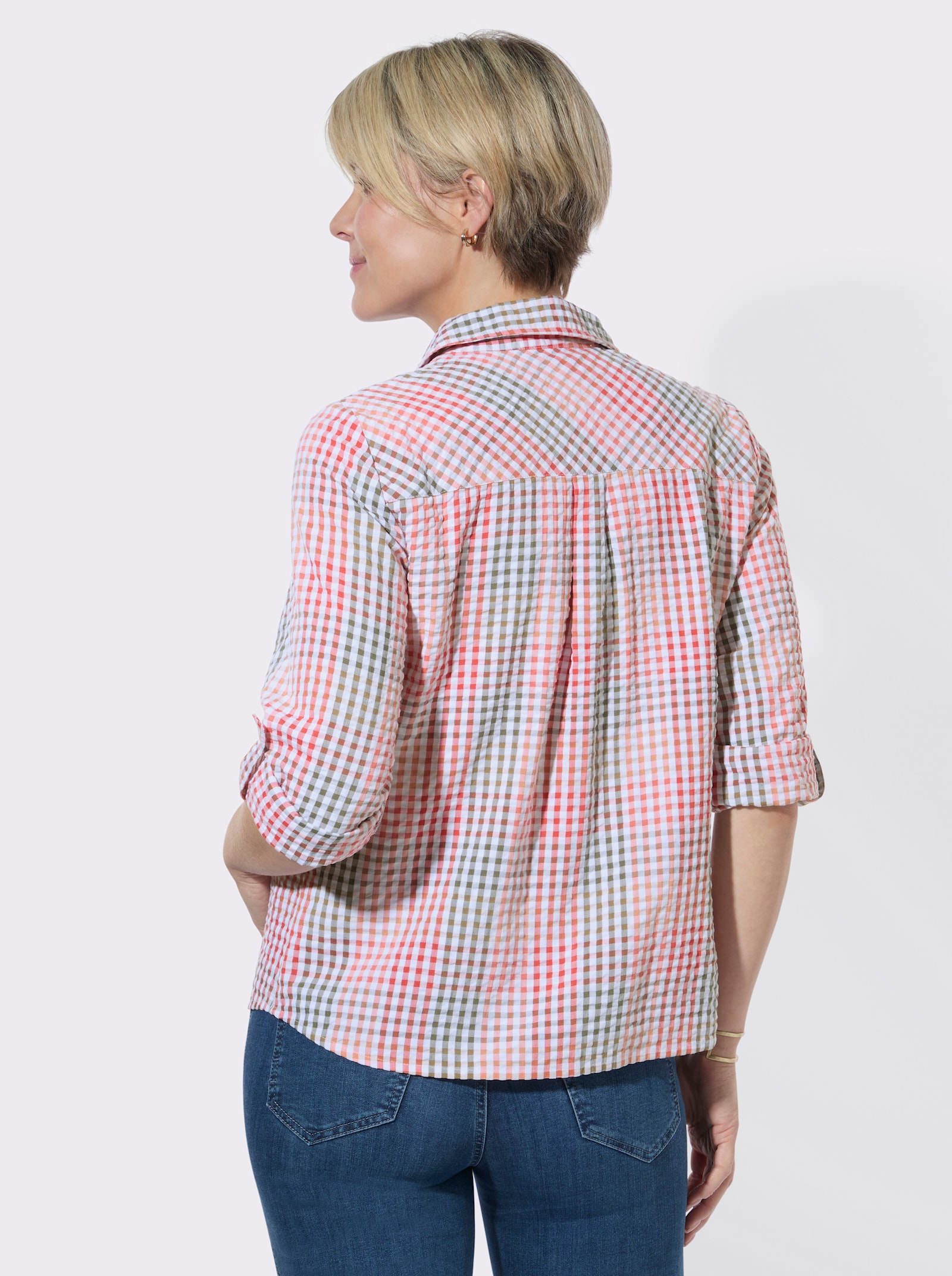 Karobluse aus pflegeleichtem Seersucker - flamingo-khaki-kariert