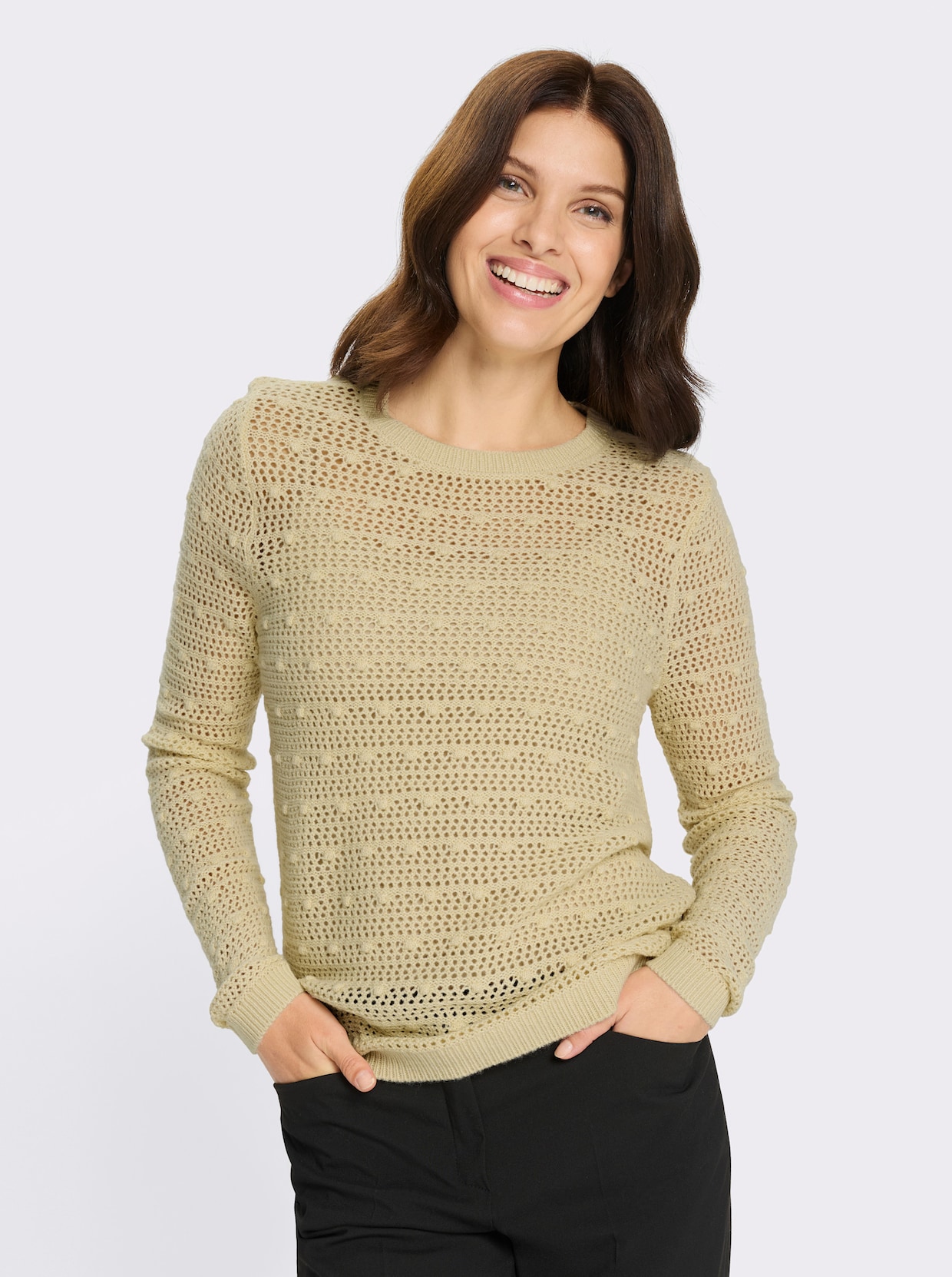Ajourpullover mit eingestrickten Punkten - sand