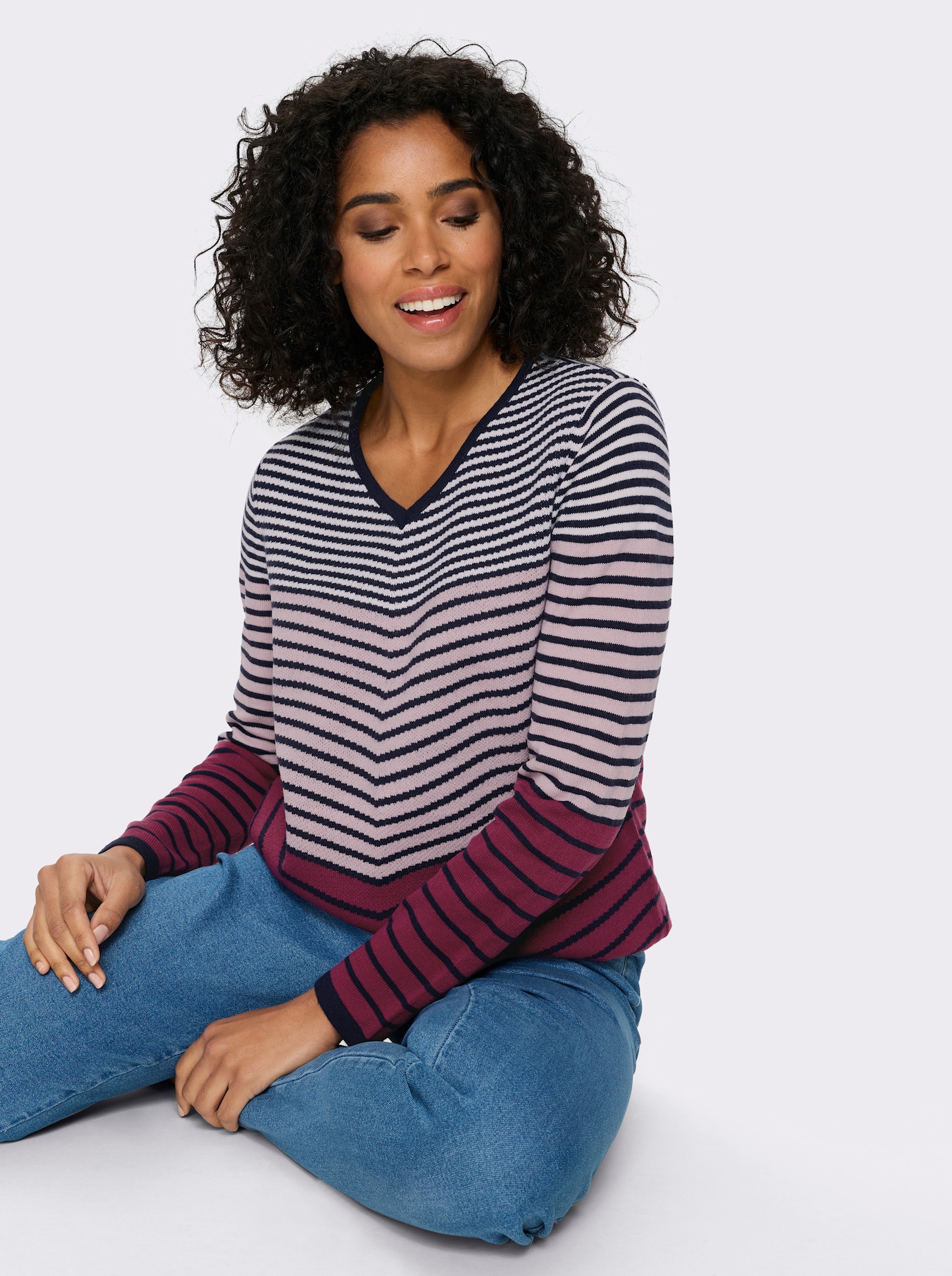 Langarm-Pullover mit Ringel-Muster, Jacquard - mauve-marine-geringelt