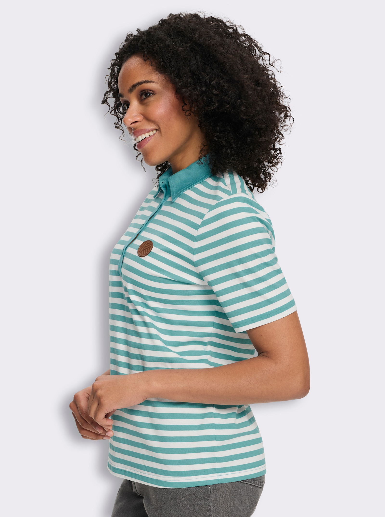 Poloshirt met patch van imitatieleer - oceaan/wit gestreept