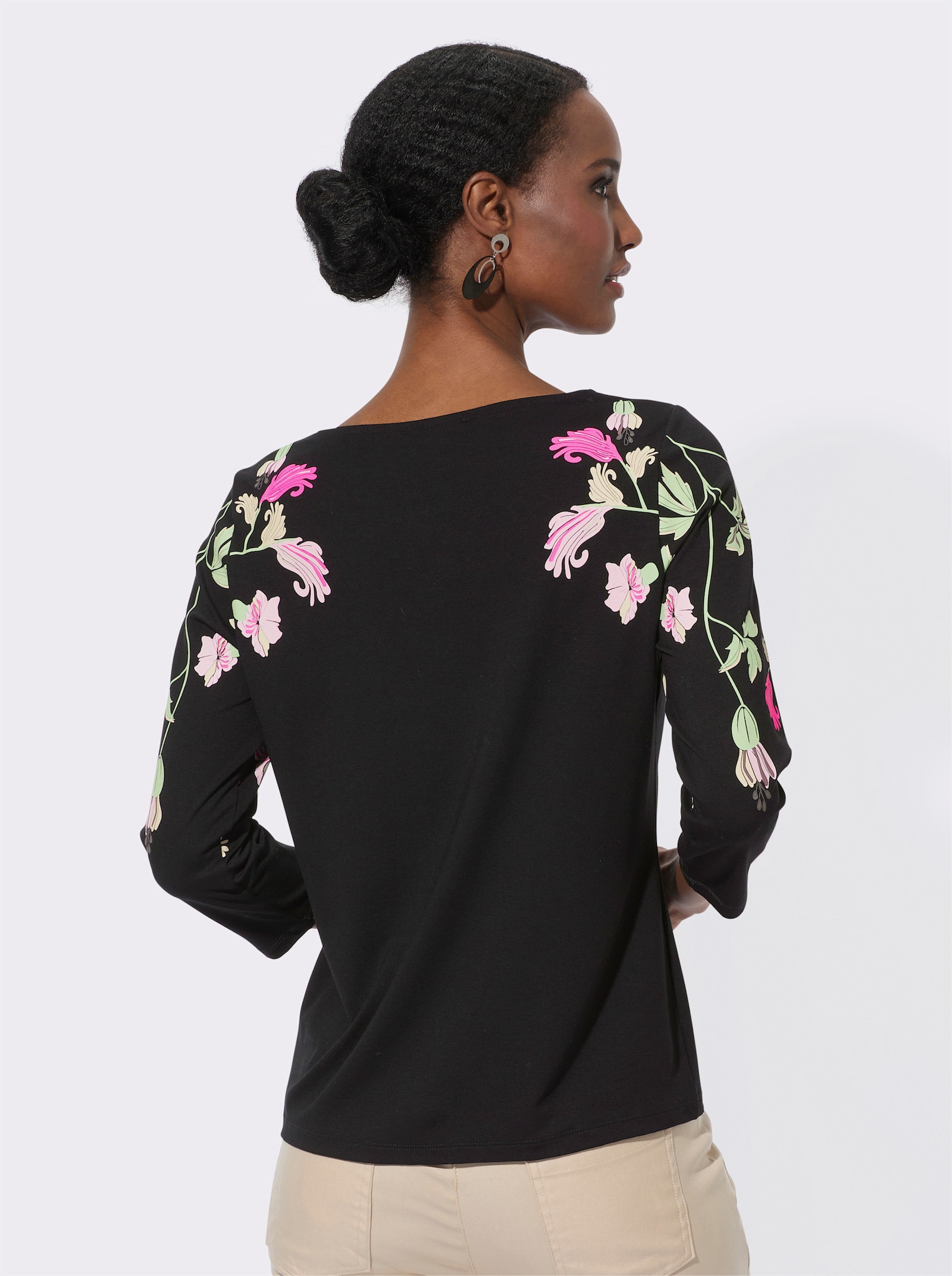 3/4-Arm-Shirt aus hochwertiger Viskose - schwarz-mauve-bedruckt