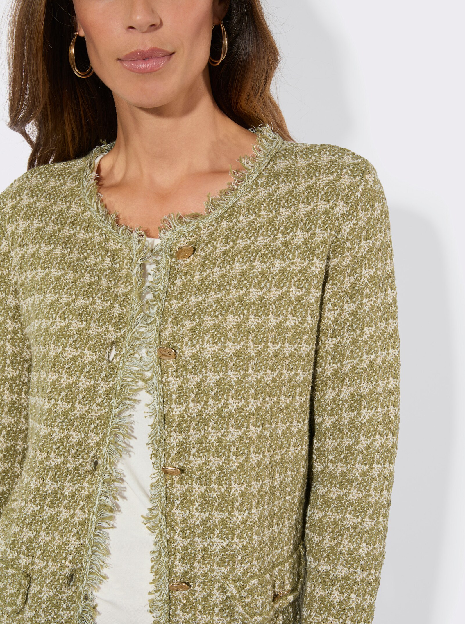 Strickjacke mit Fransen-Verzierung - schilf-champagner-meliert
