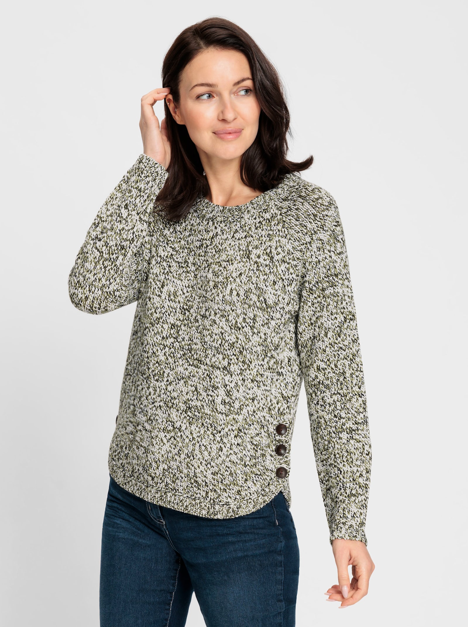 Rundhalspullover mit Knopfleiste an den Seitenschlitzen - oliv-meliert