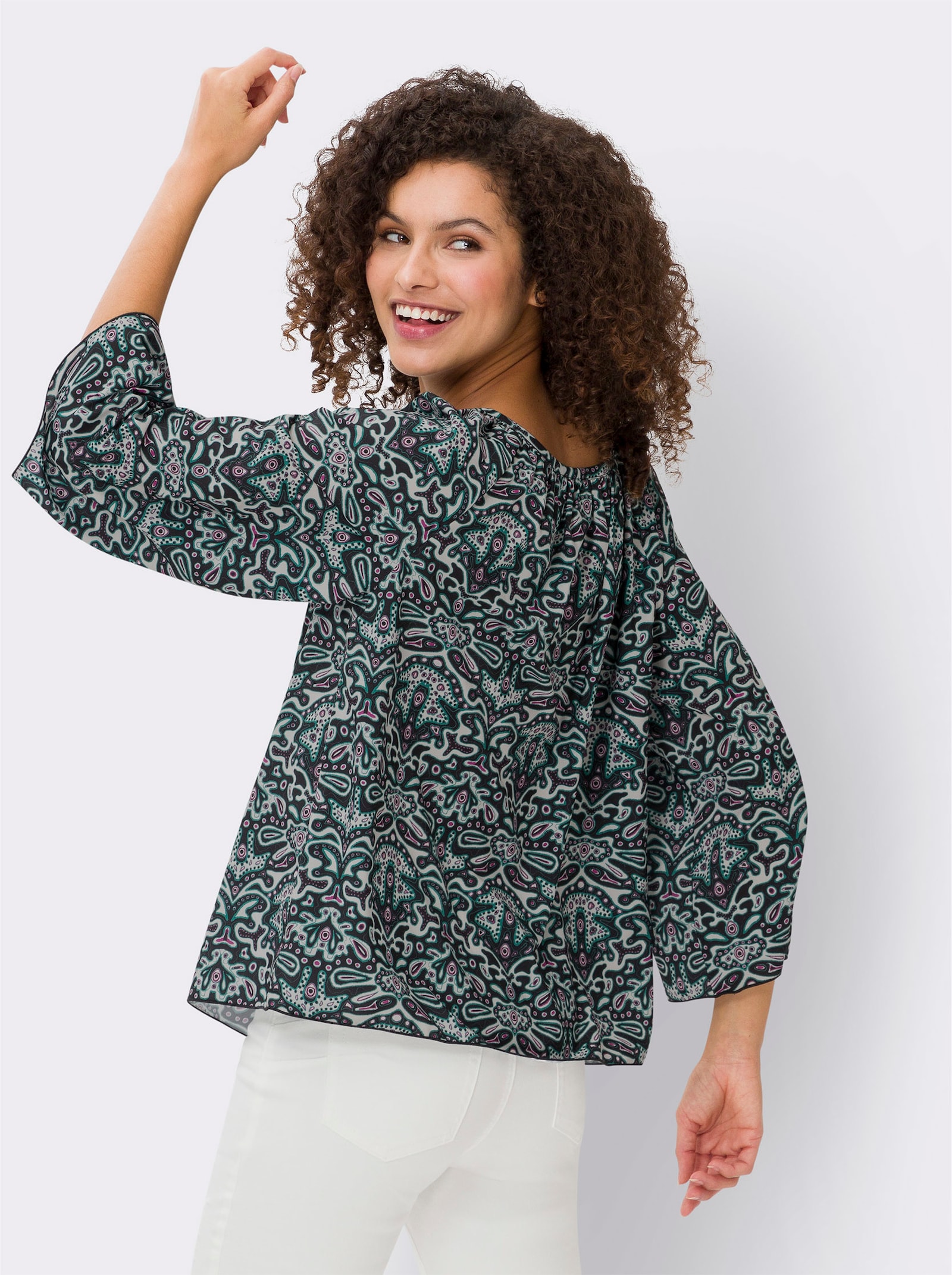 heine Schlupf-Bluse mit Trompeten-Ärmeln - grün-elfenbein-bedruckt