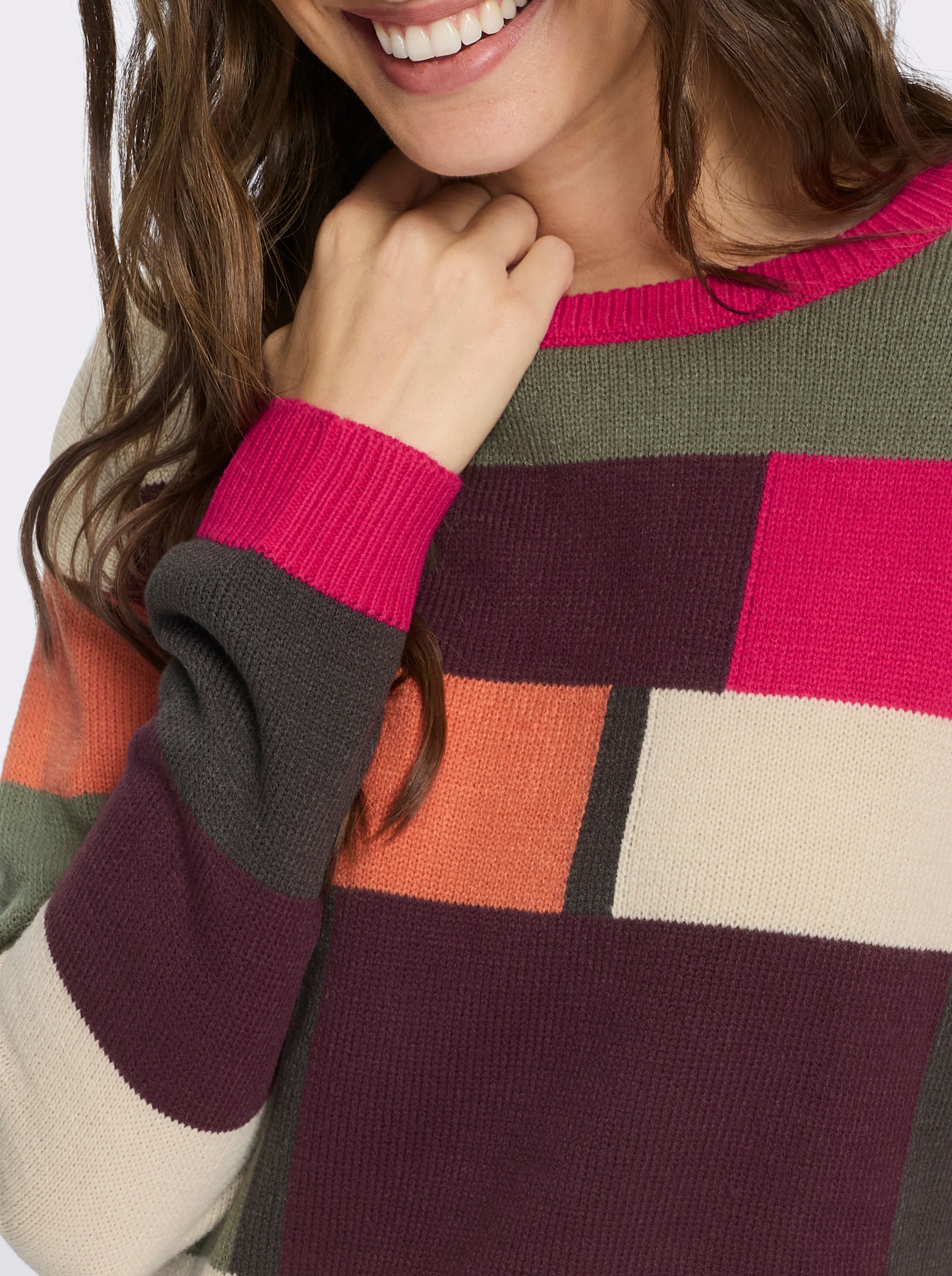 Longpullover mit Colour Blocking-Muster - khaki-pink-gemustert