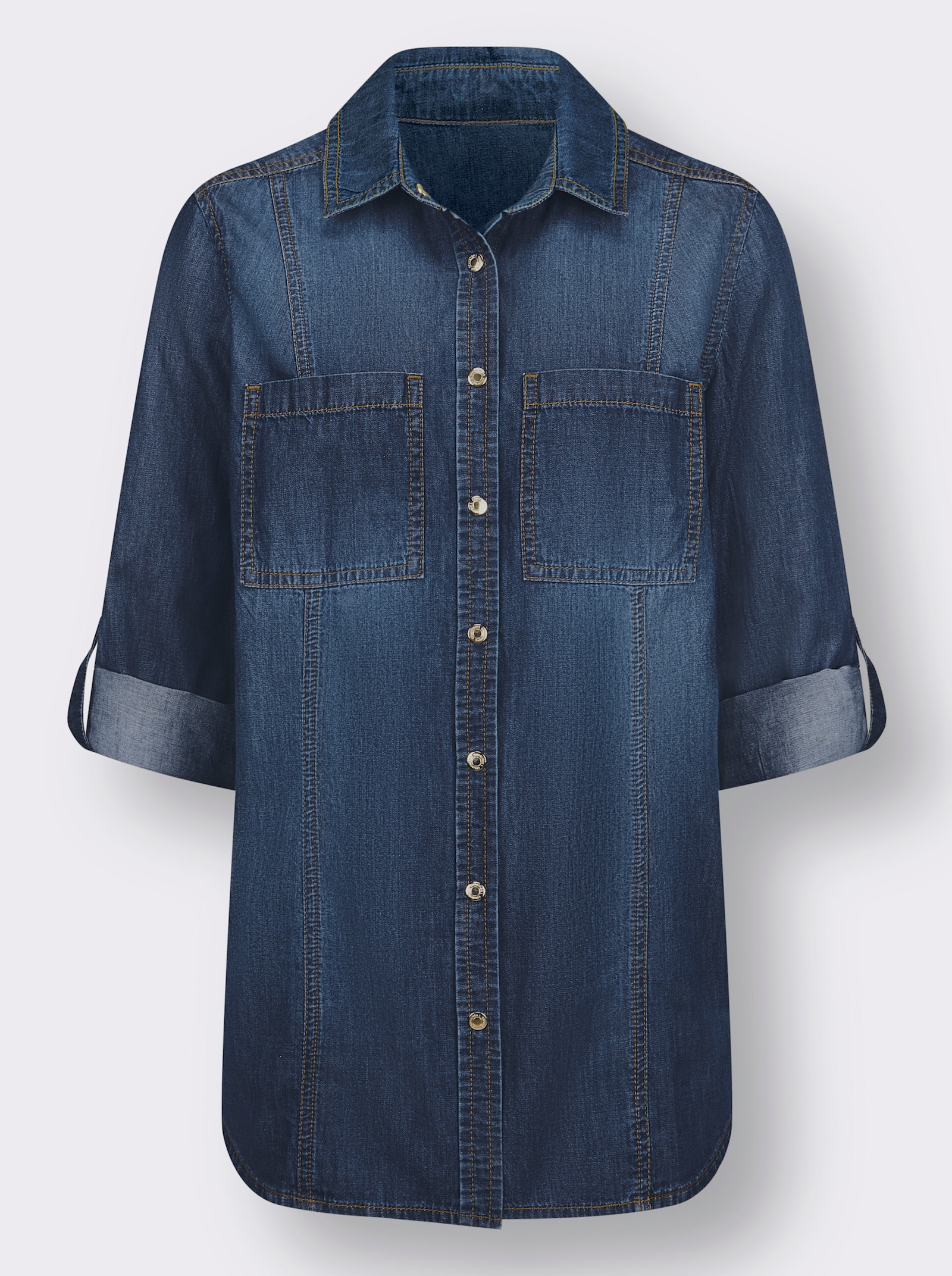 Jeansblouse met afgeronde zoom - blue-stonewashed