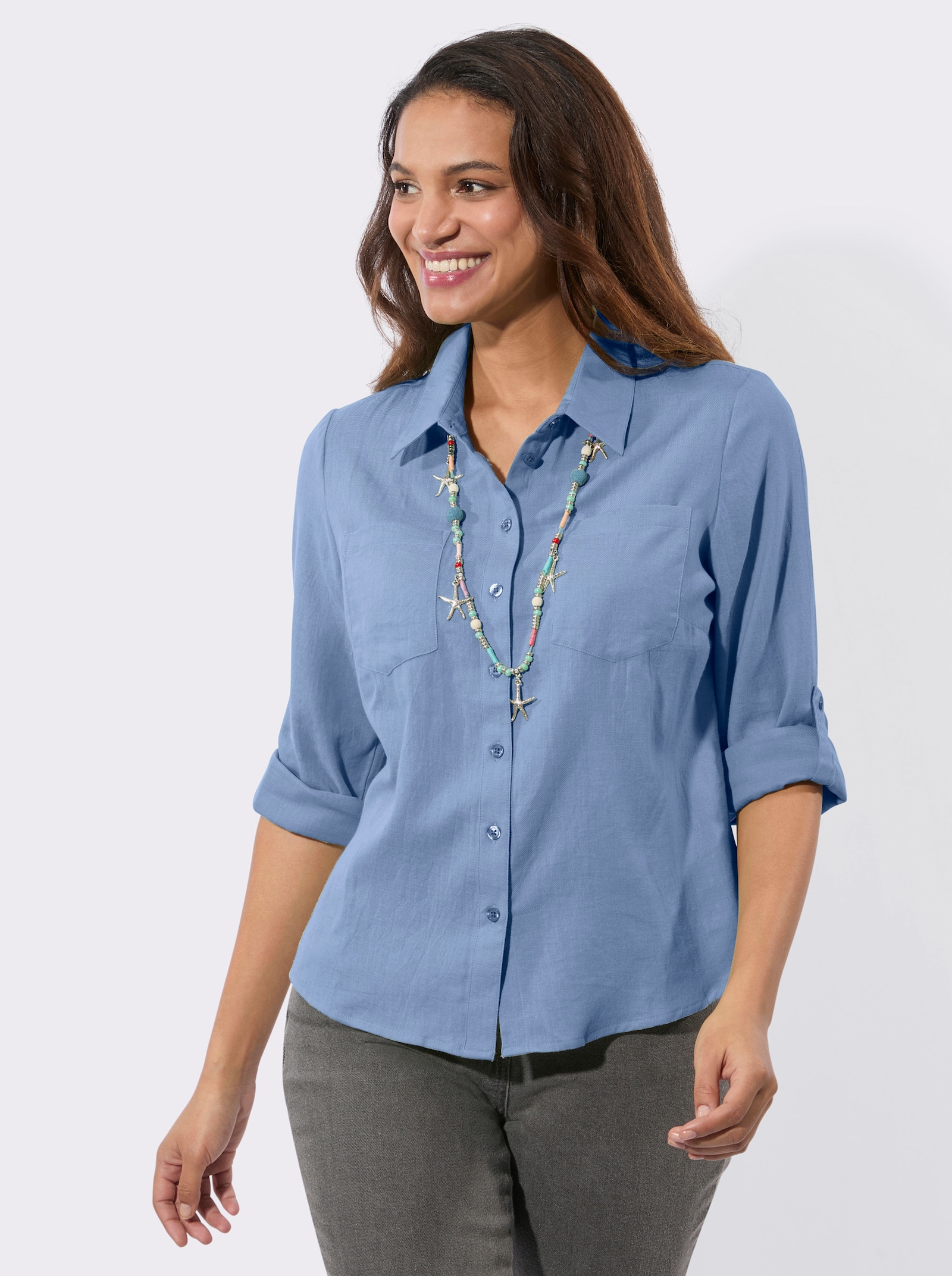 Flanellbluse mit Karomuster-Details - bleu
