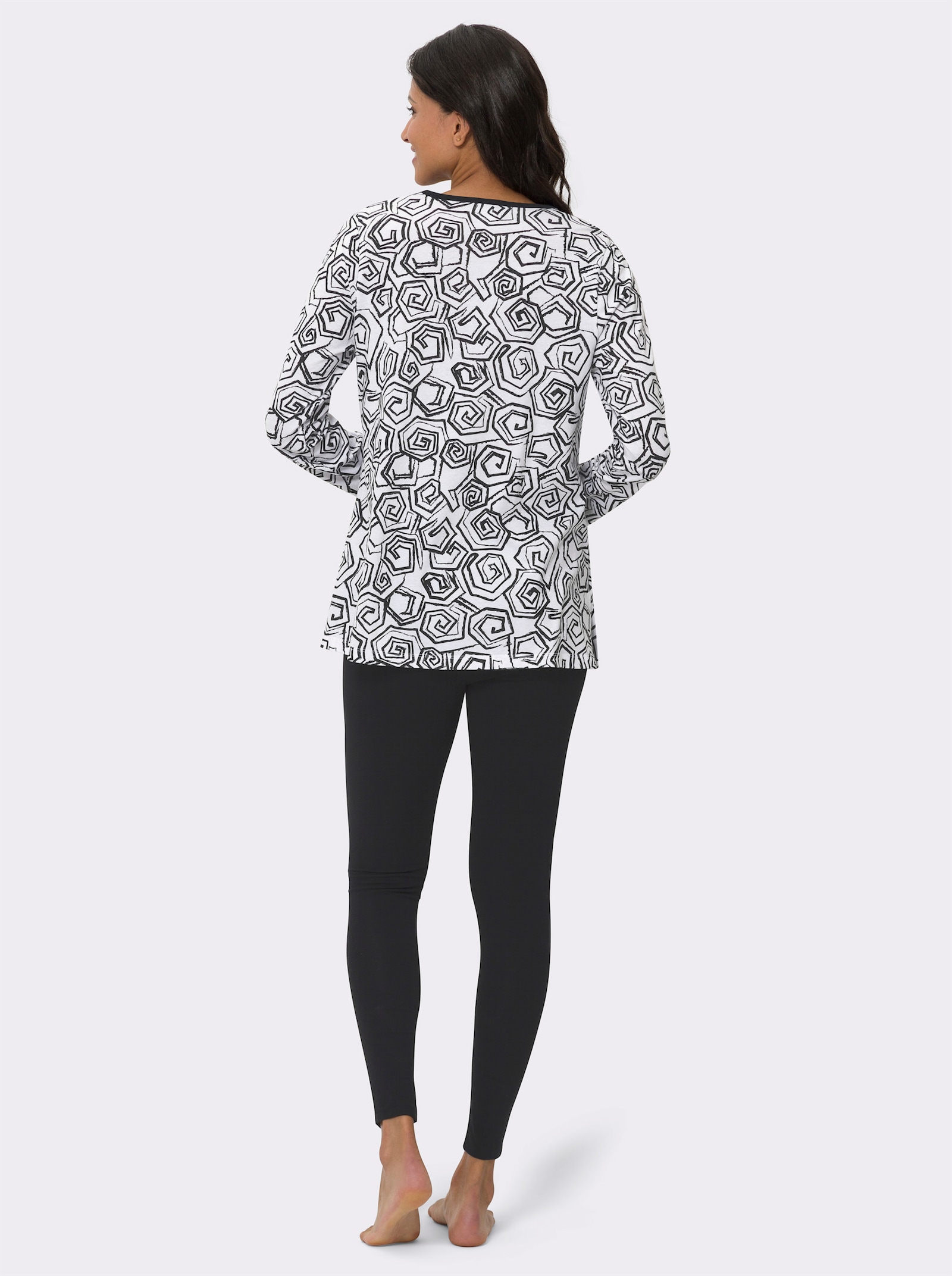 Schlafanzug mit ausgestelltem Oberteil - weiss-schwarz-bedruckt