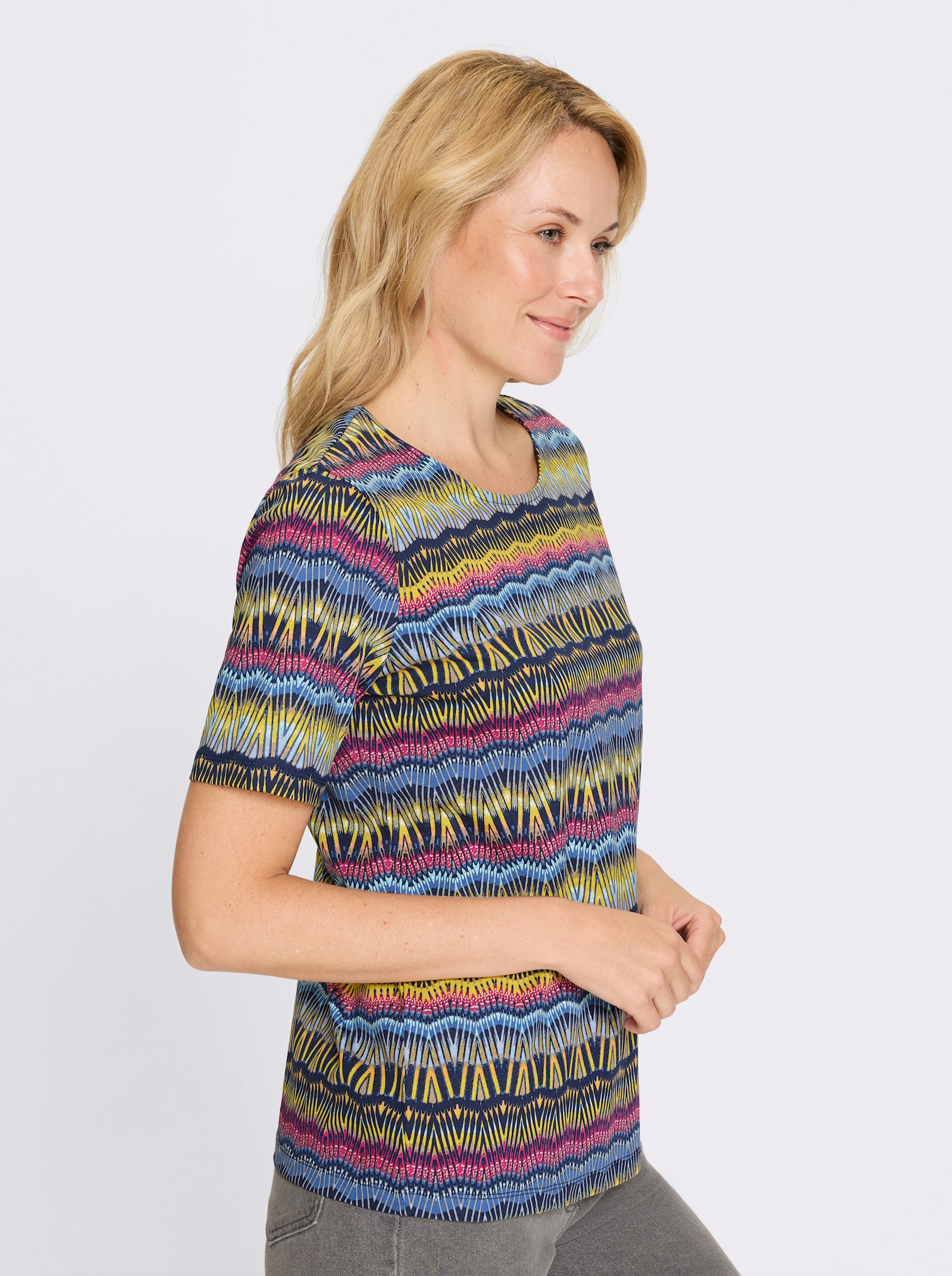 Shirt met ronde hals, van katoen, bedrukt - marine/limoen bedrukt