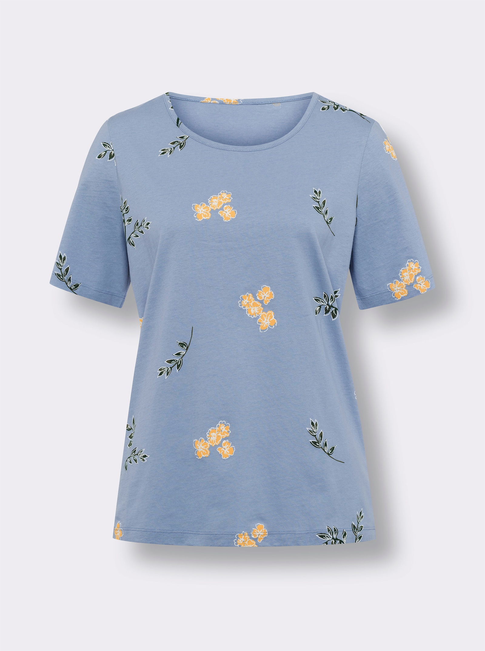 Kurzarmshirt mit Blüten- und Blätter-Print - bleu-weiss-bedruckt