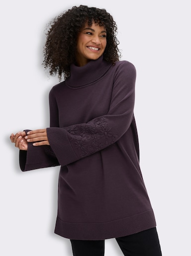 sheego Rollkragenpullover mit Stickereien am Ärmel - aubergine