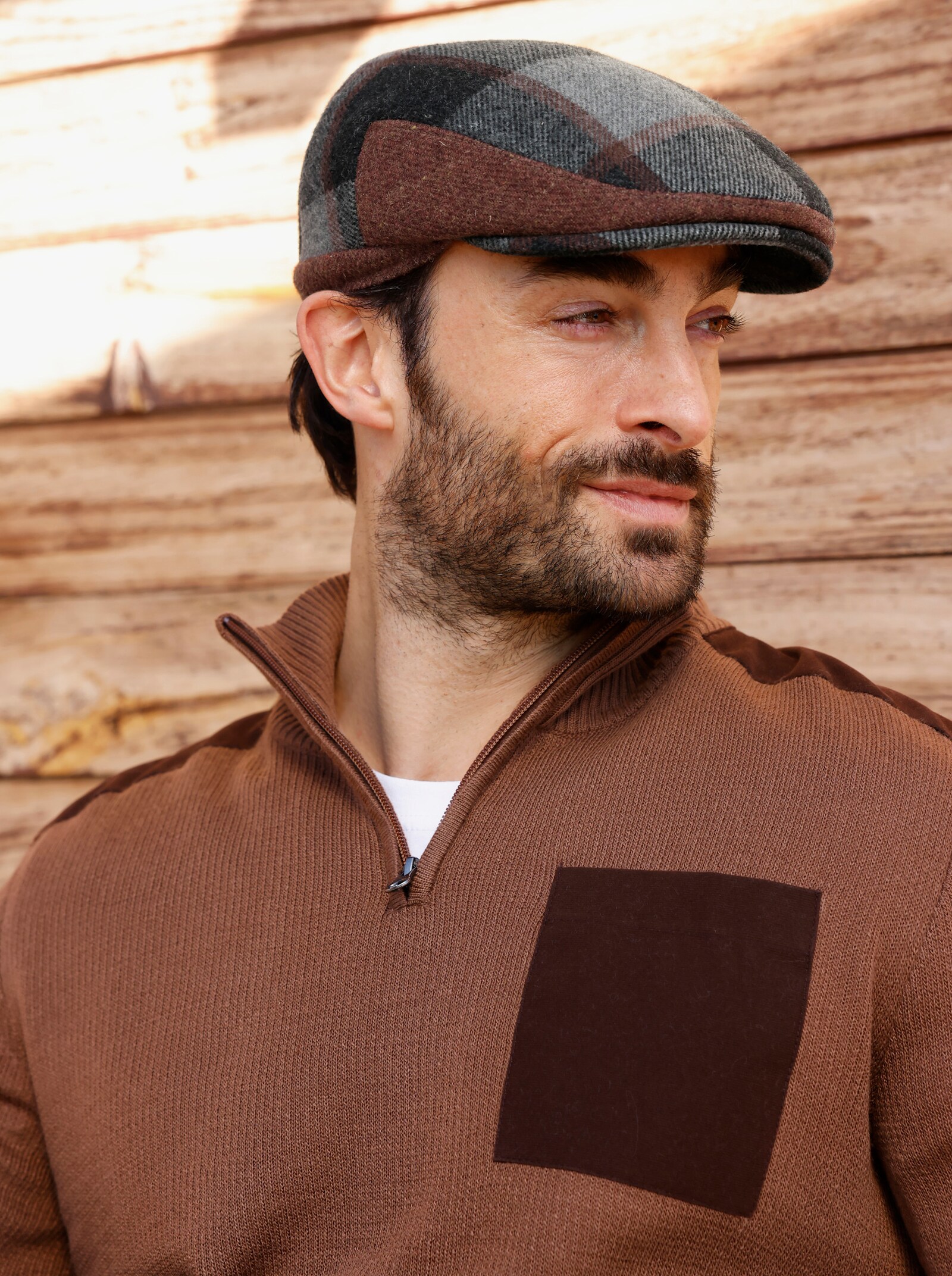 Schirmmütze mit Wolle - grau-kariert