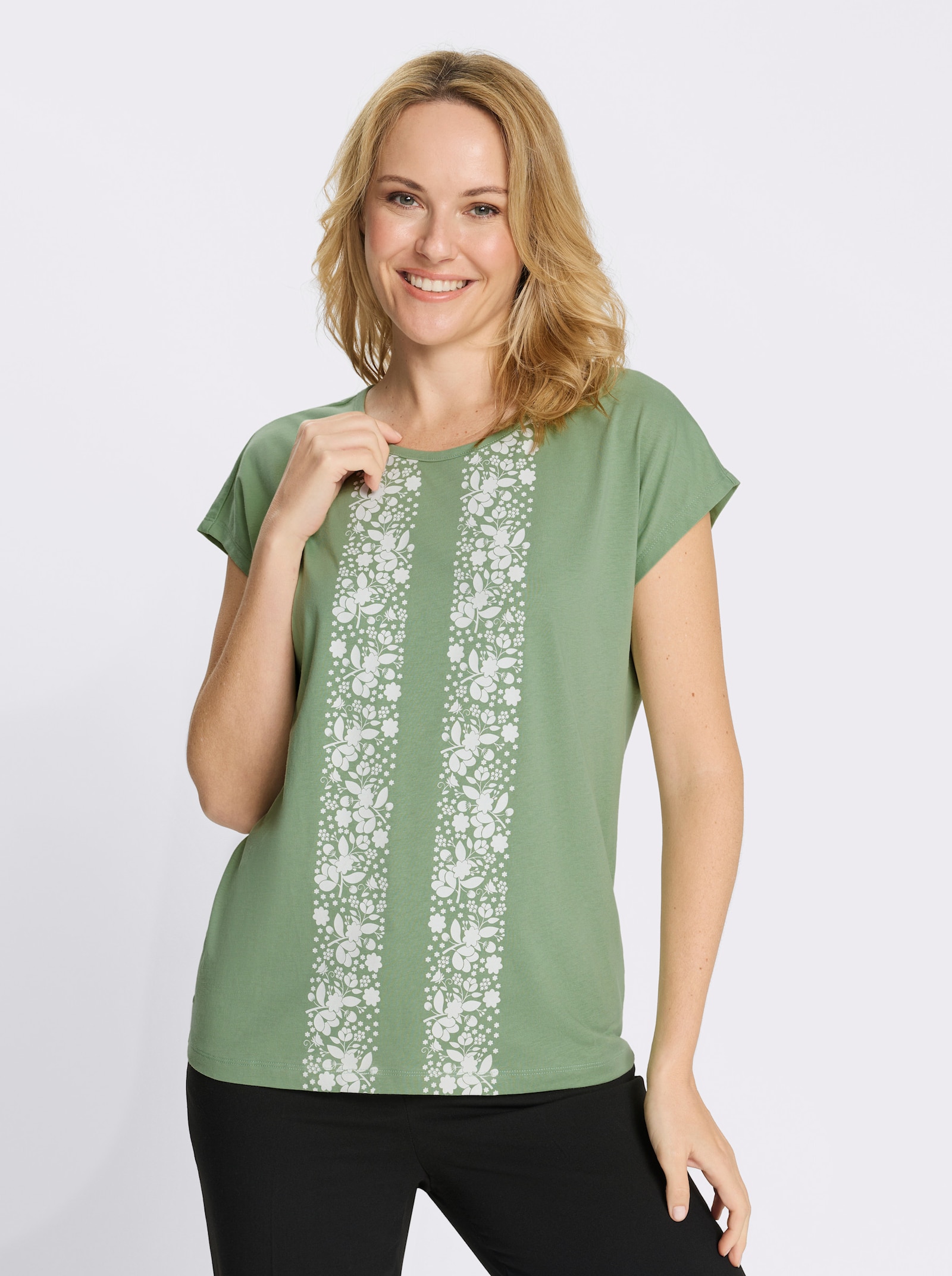 Kortärmad topp med blommönster - eukalyptus-vit