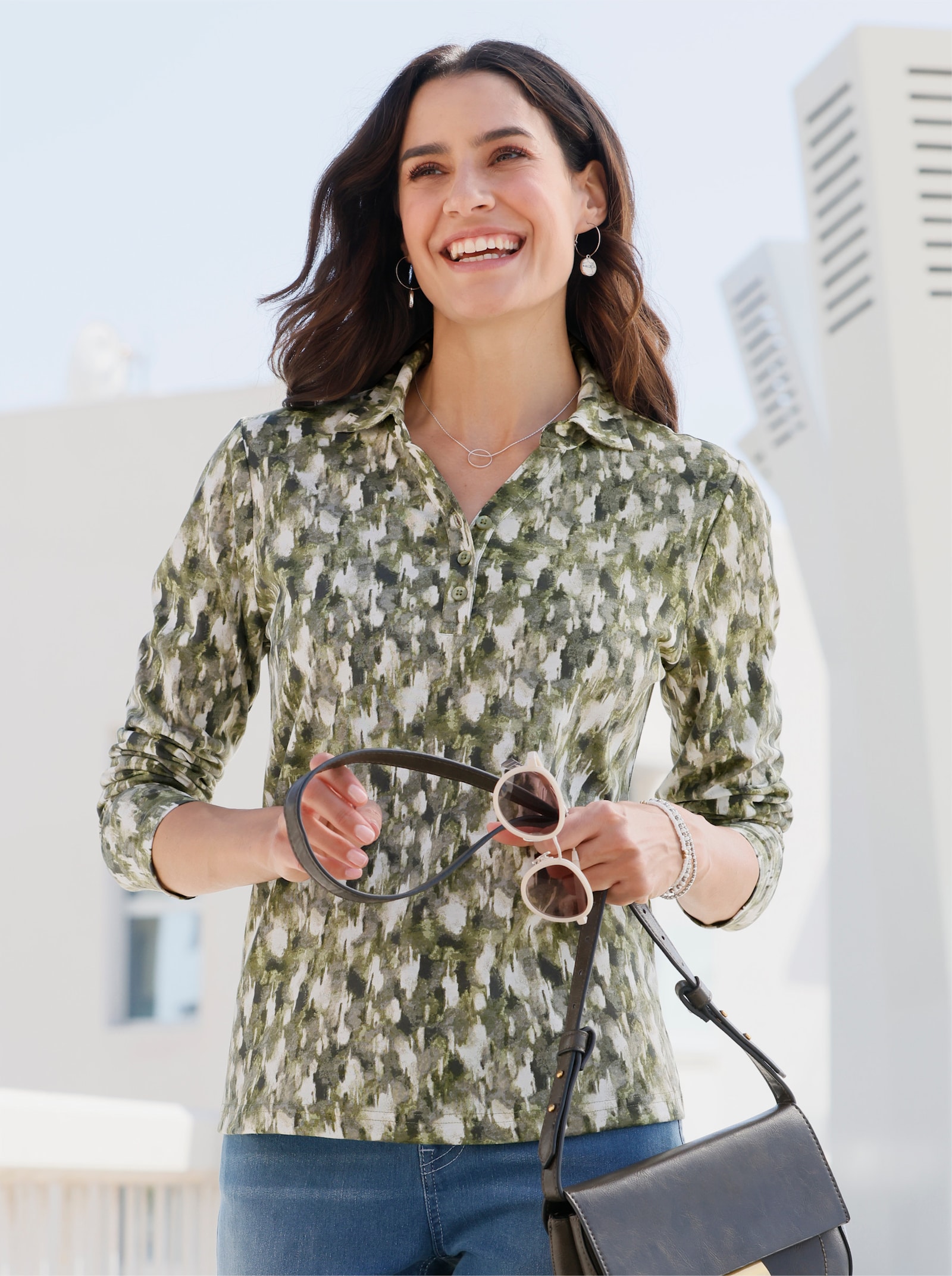 Poloshirt mit kurzer Knopfleiste - schilf-graphit-bedruckt