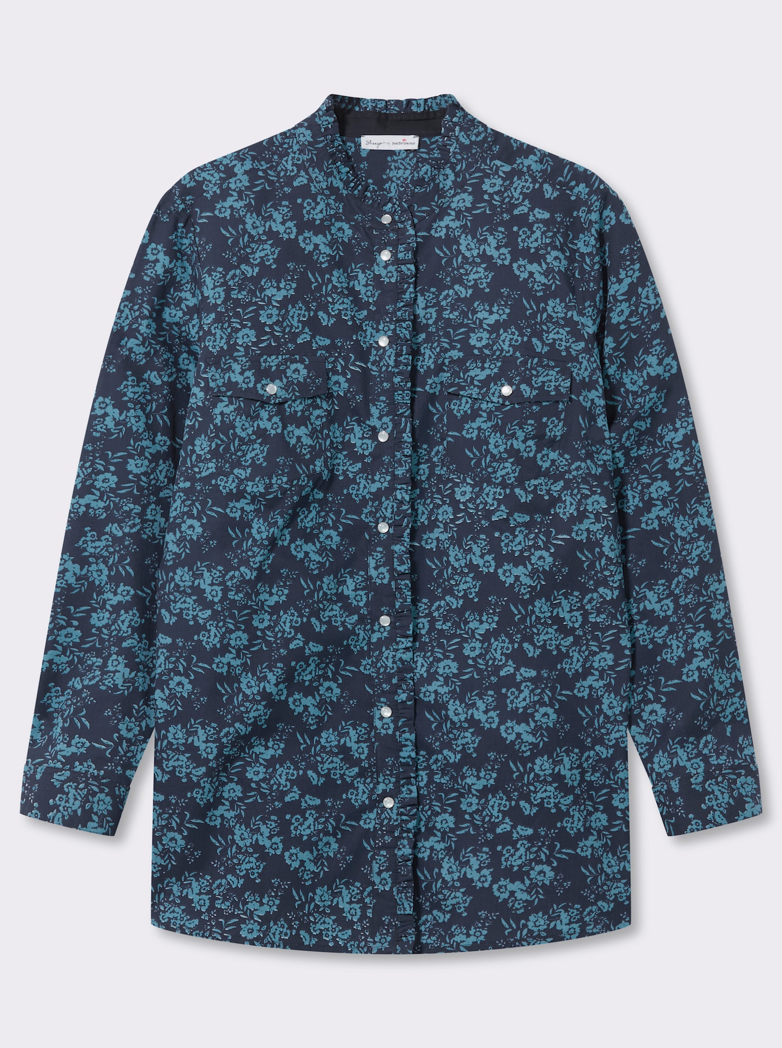 sheego by Joe Browns Druckbluse aus Cord, mit Rüschen-Details - dunkelblau-aquamarin-gemustert