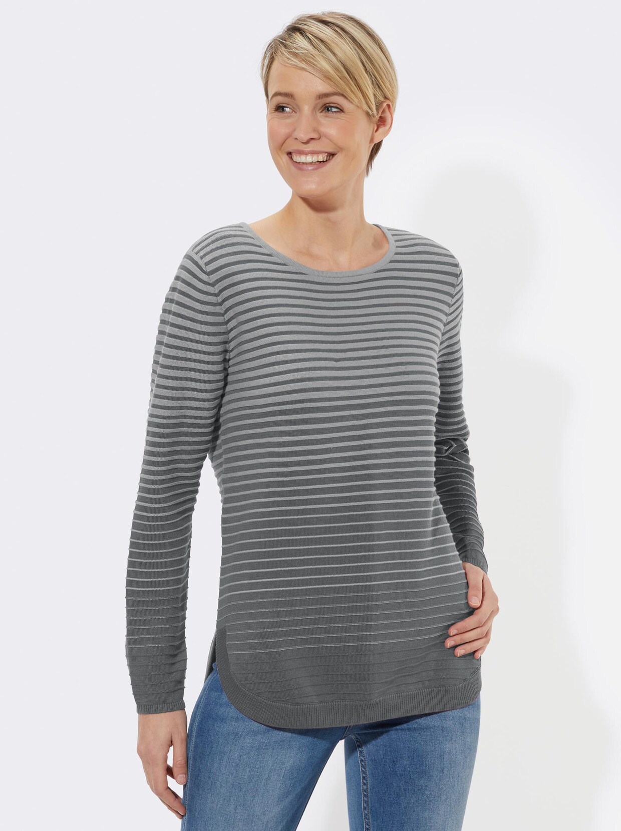 Langarm-Pullover - grau-gestreift