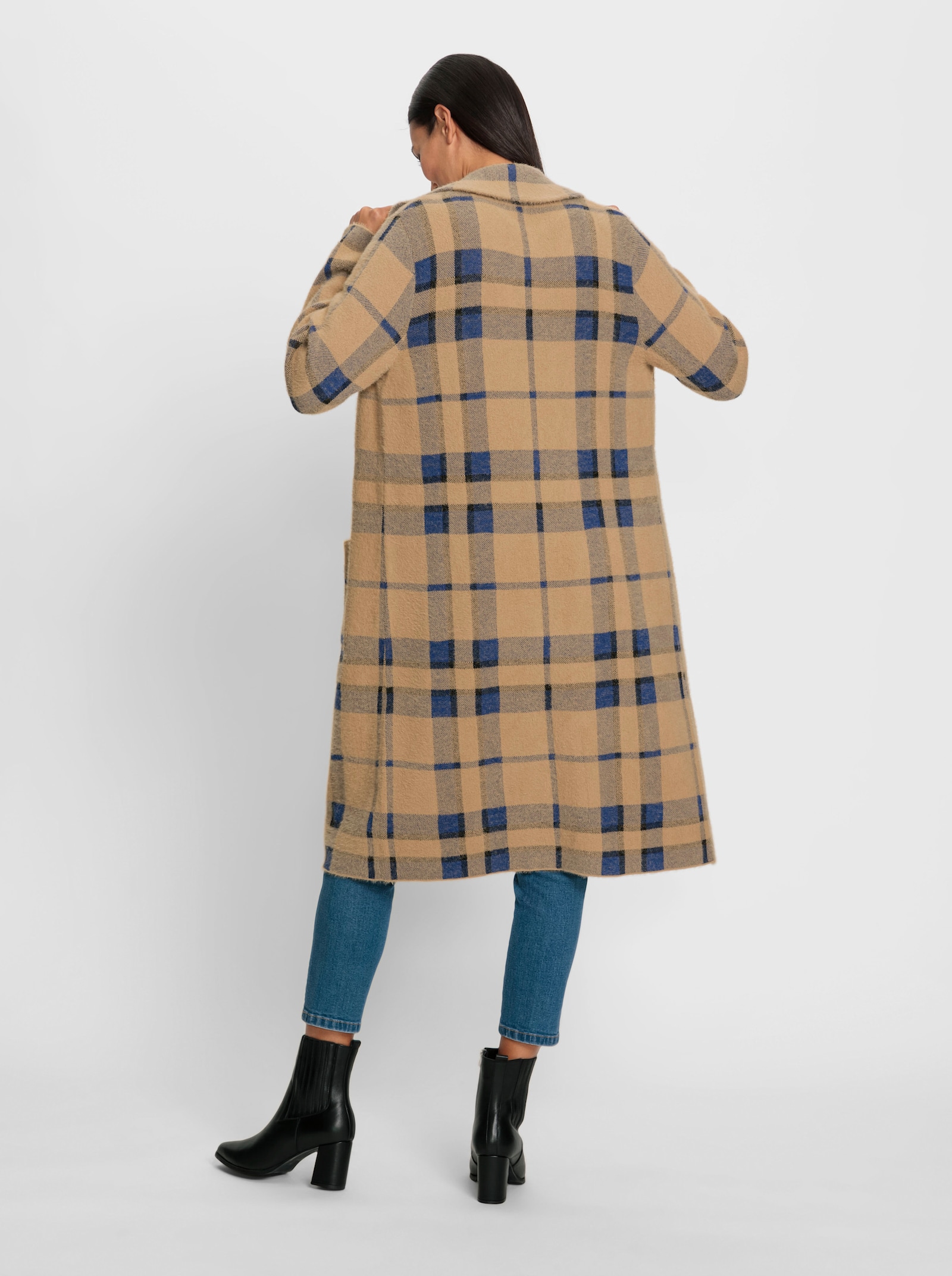 heine Gebreide mantel met reverskraag geruit - camel/koningsblauw geruit