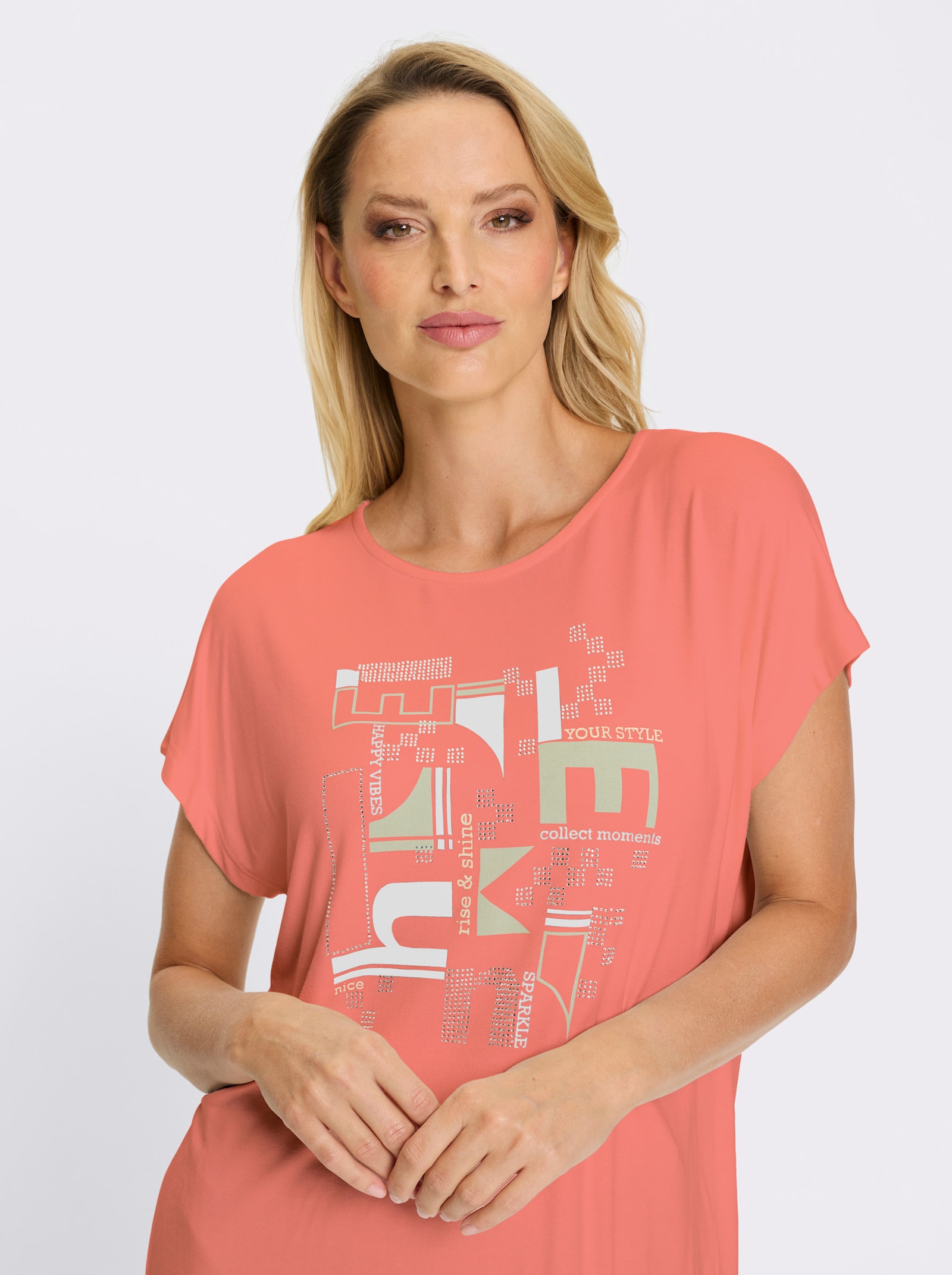 heine Kurzarmshirt mit glitzernden Steinchen - koralle