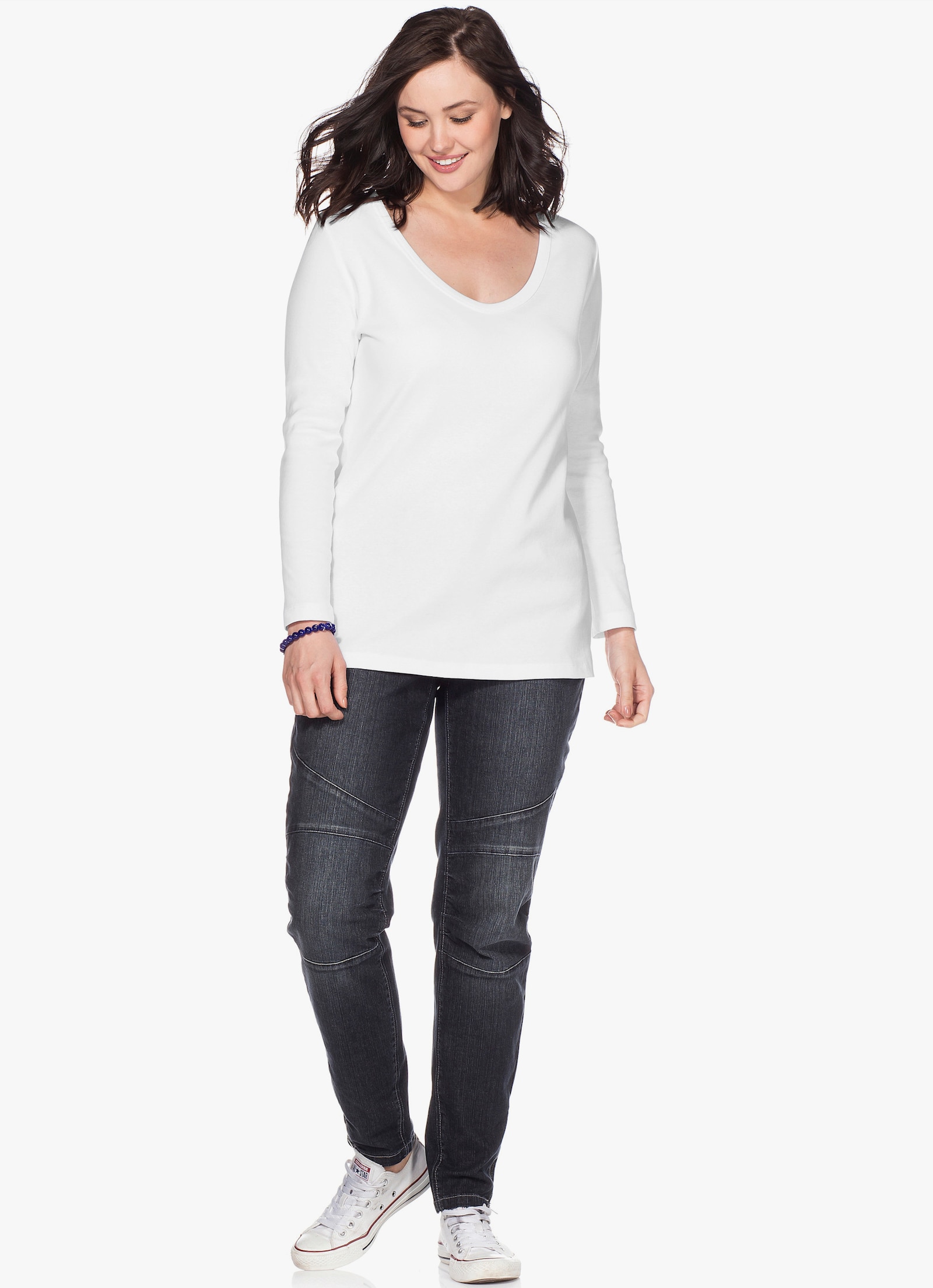 sheego Langarmshirt mit Rundhalsausschnitt, Rippqualität - weiß