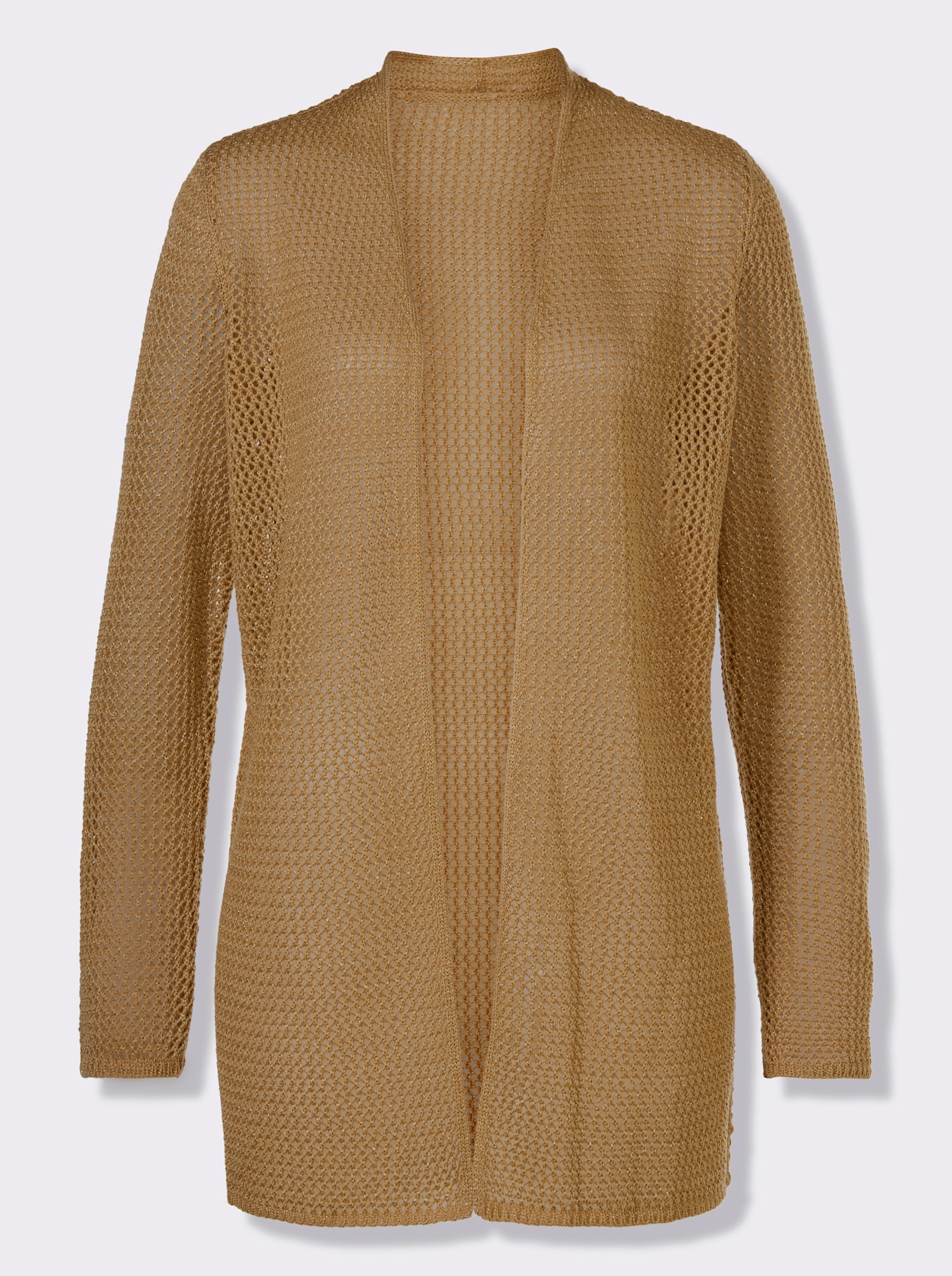 Hålstickad kofta med guldfärgat glansgarn - kamel