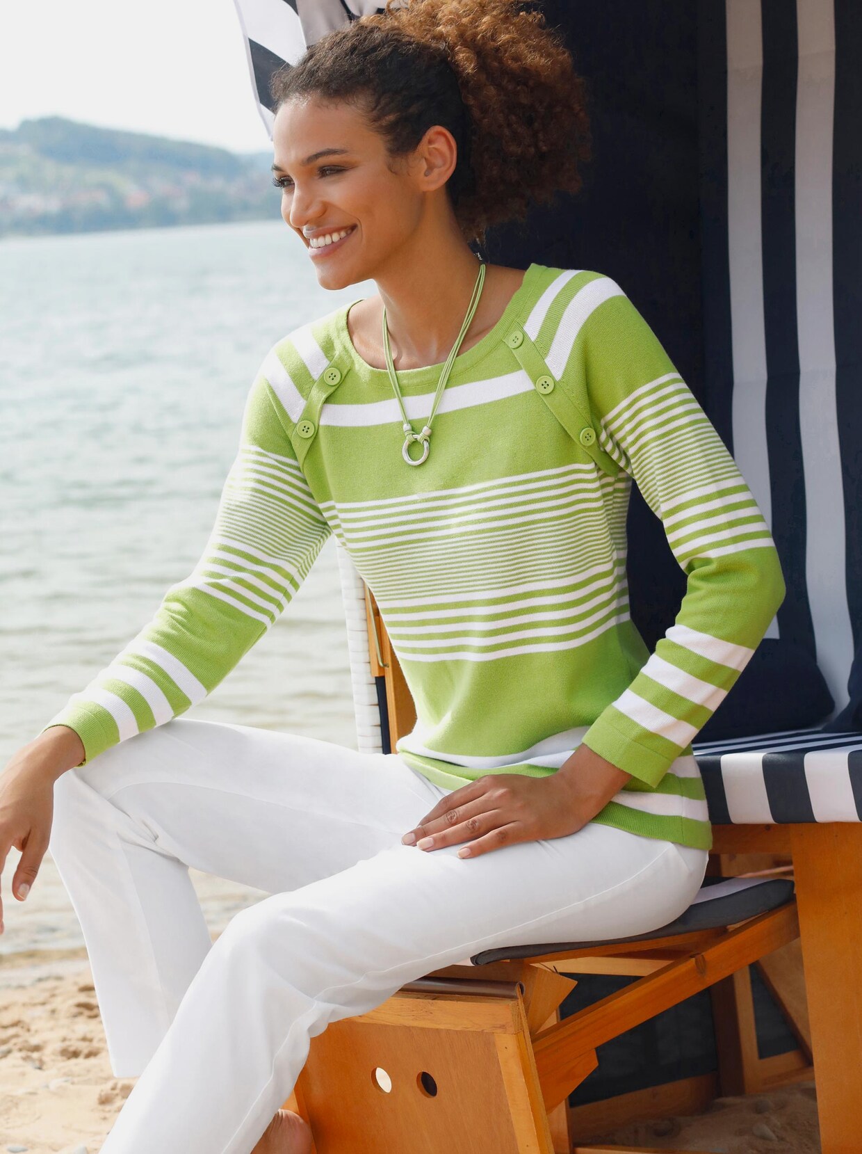 Gestreepte pullover - kiwi/wit gestreept