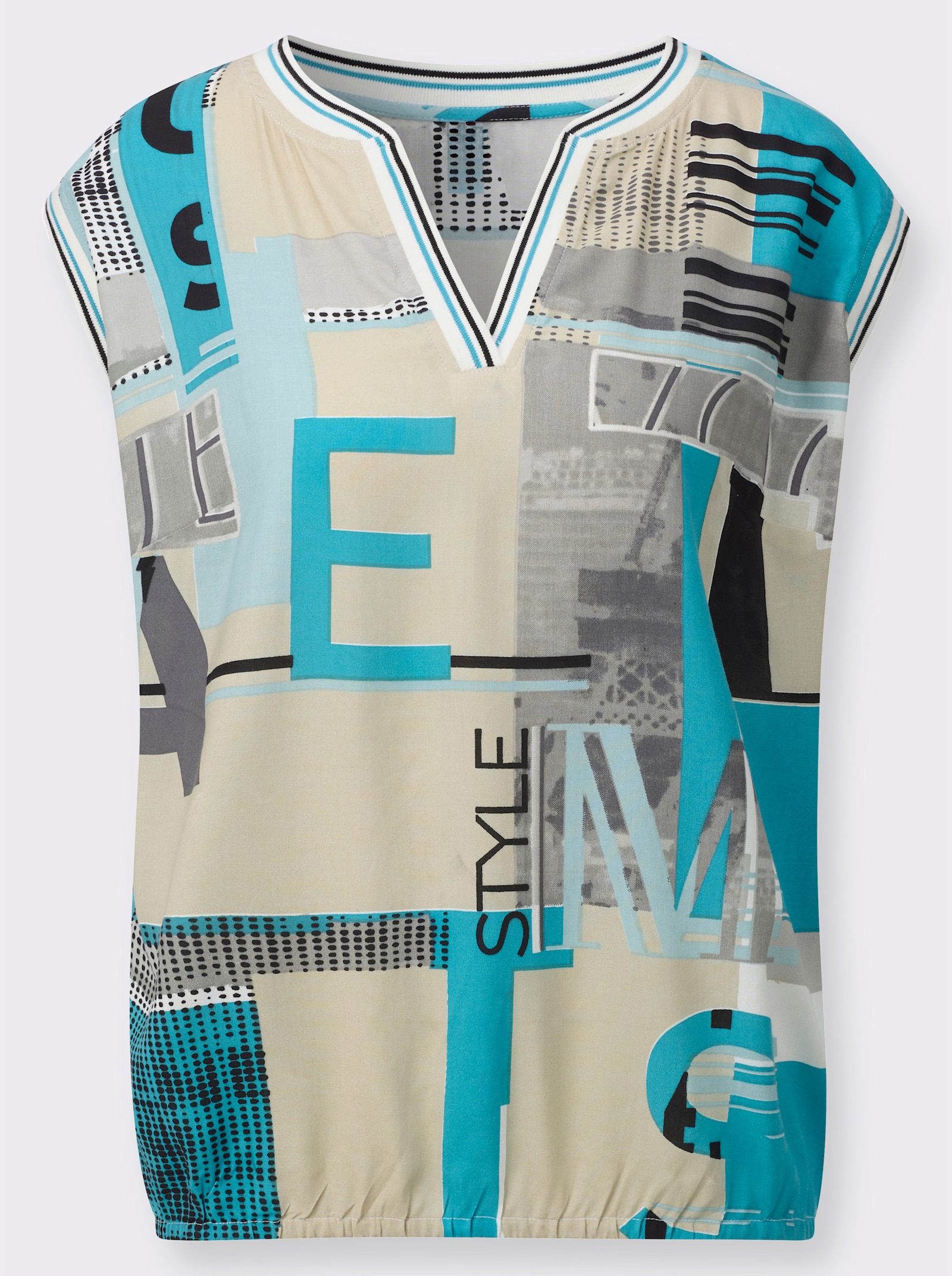 Blusentop mit gestreiften Bündchen - türkis-sand-bedruckt