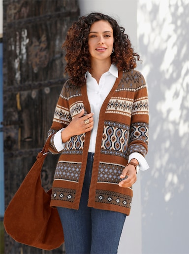 Jacquard-Strickjacke - marine-cognac-gemustert