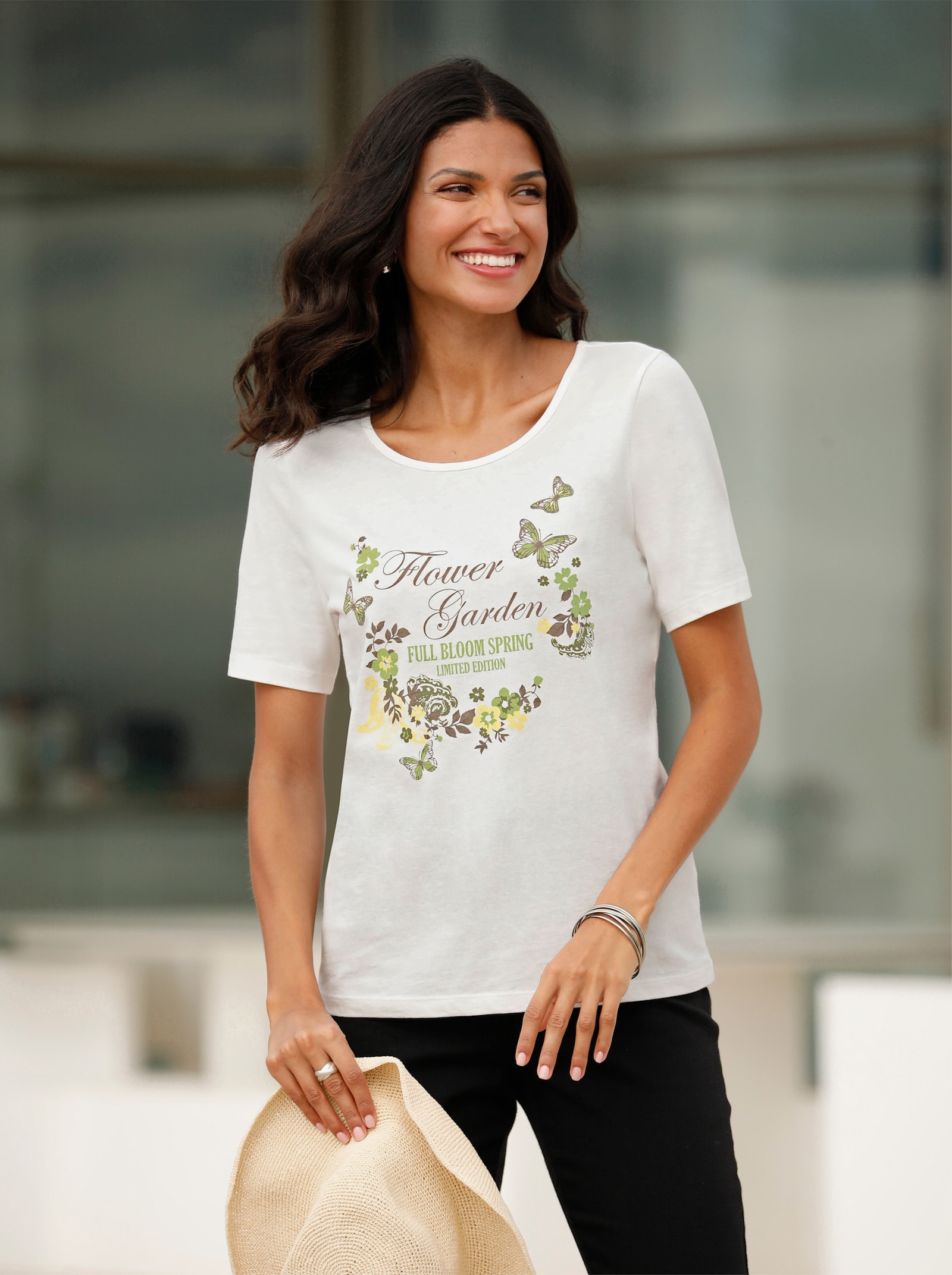 Kurzarmshirt aus Baumwolle, bedruckt - ecru-lindgrün