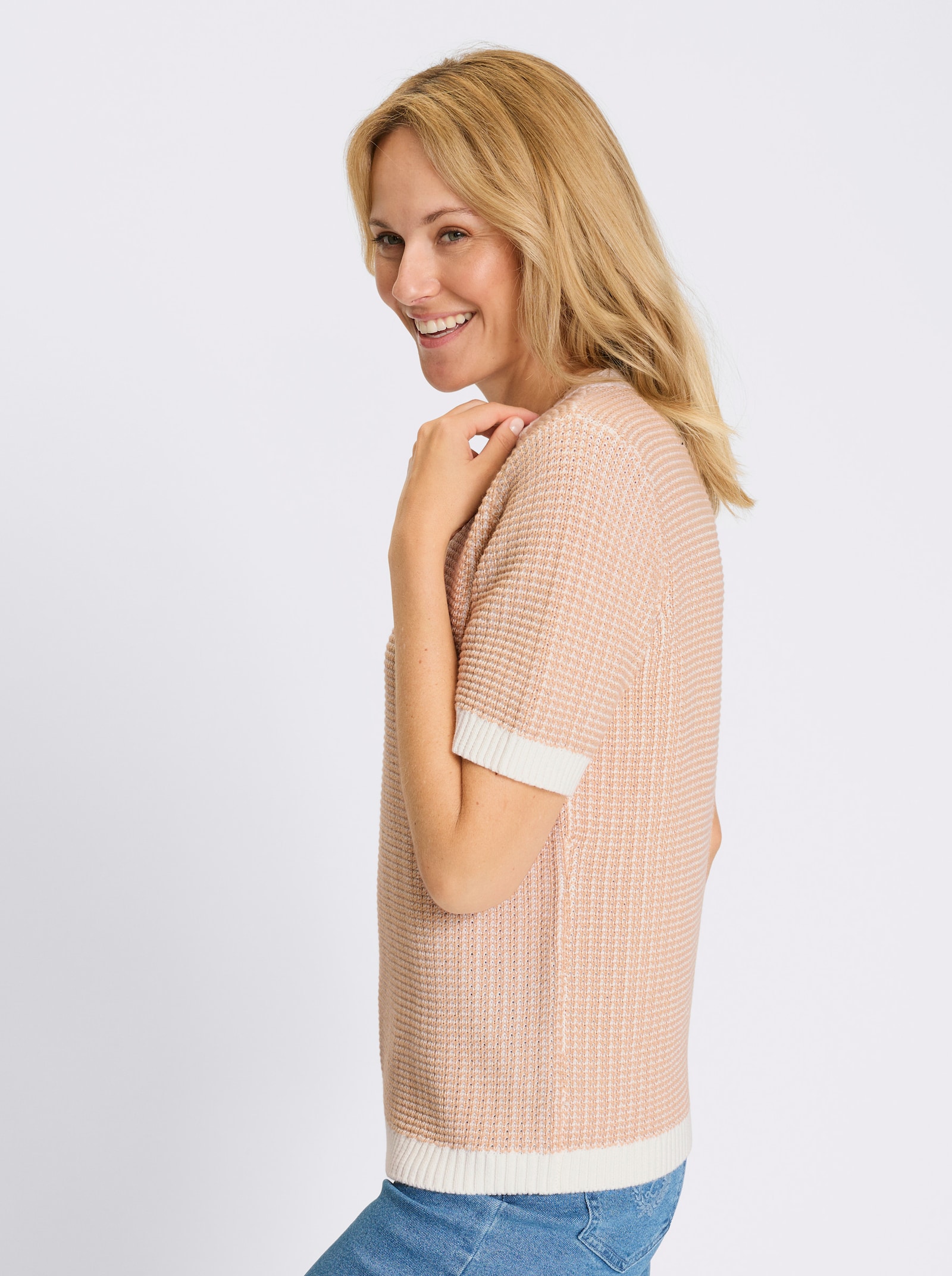 Kurzarmpullover in Baumwoll-Qualität - beige-ecru-gemustert