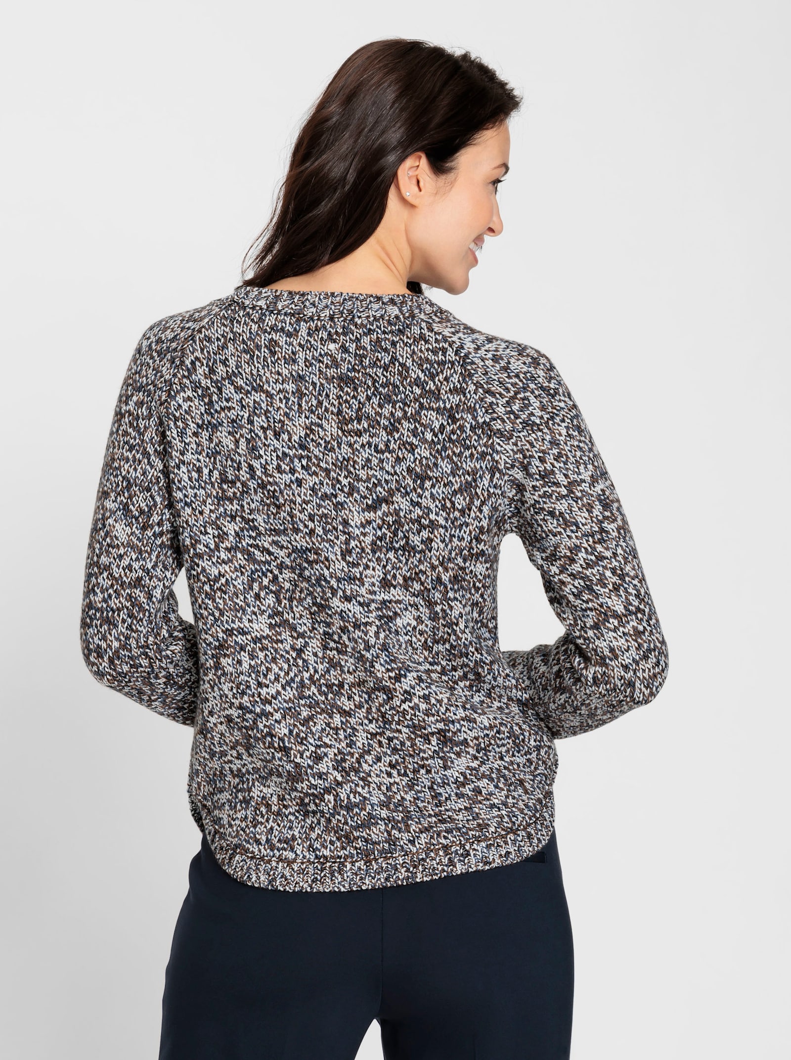 Rundhalspullover mit Knopfleiste an den Seitenschlitzen - rauchblau-meliert