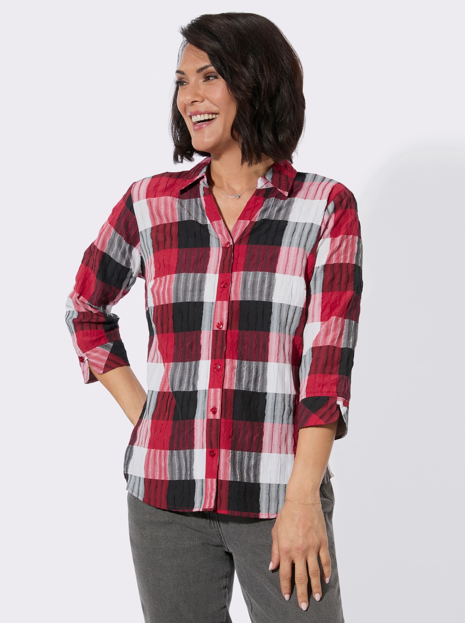 Karobluse mit 3/4-Ärmeln - rot-schwarz-kariert