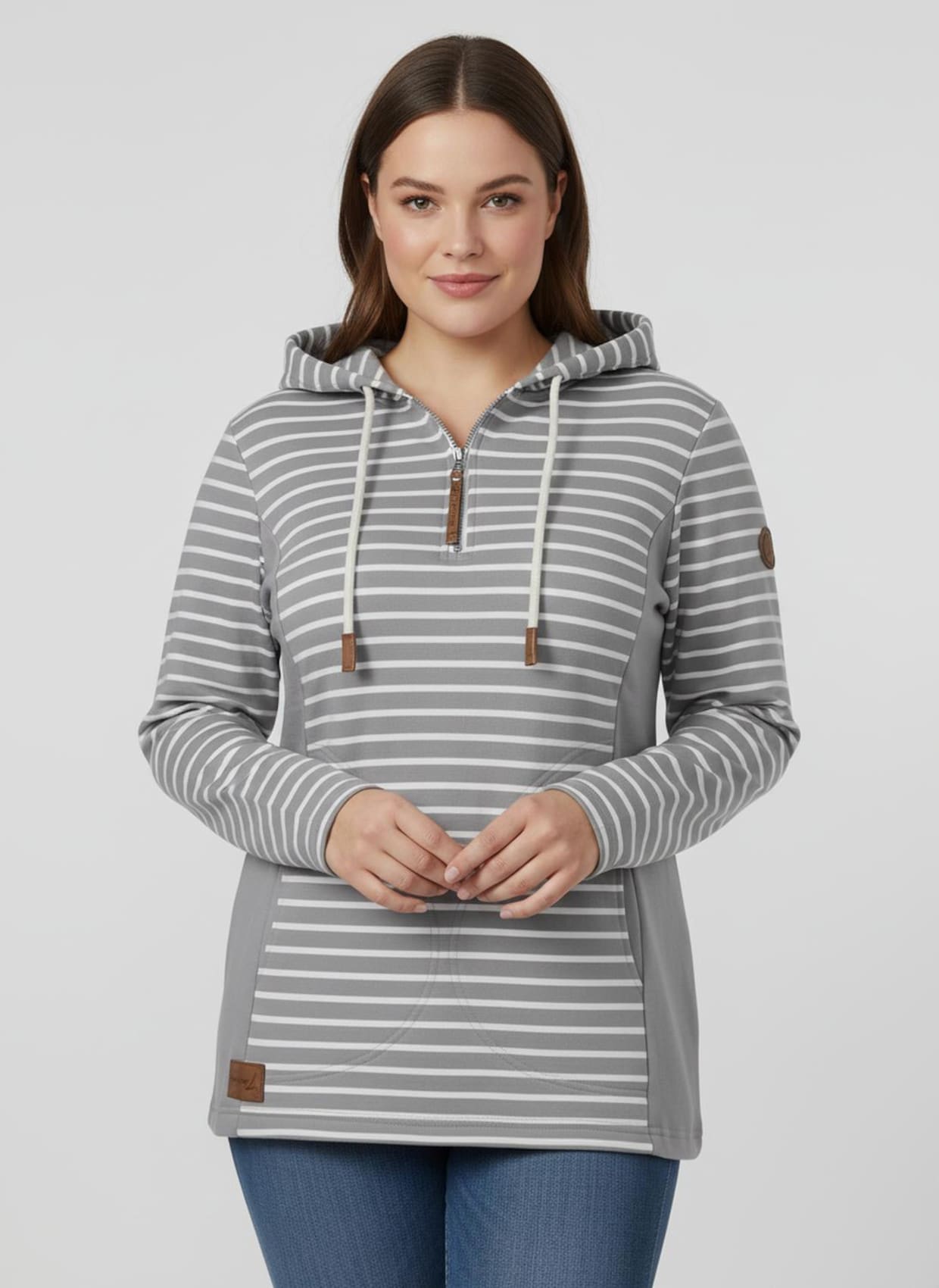 Kapuzensweatshirt mit 2 Nahttaschen - steingrau-ecru-geringelt