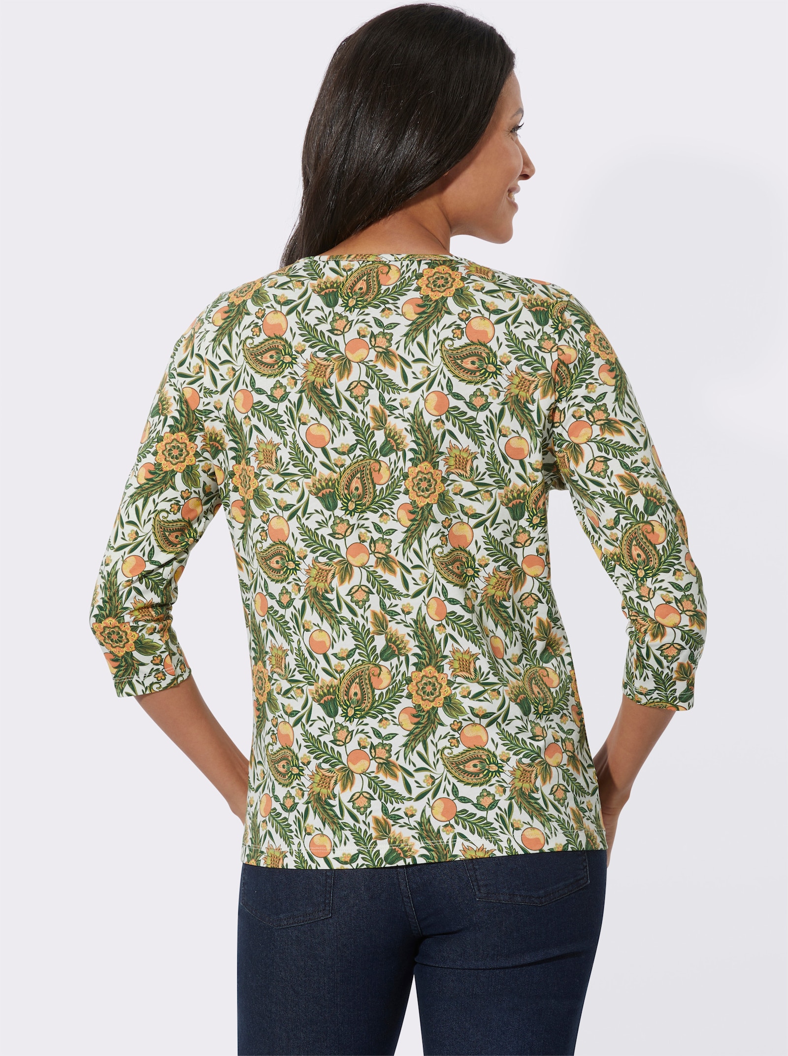 3/4-Arm-Shirt mit Bindeband - ecru-eucalyptus-bedruckt