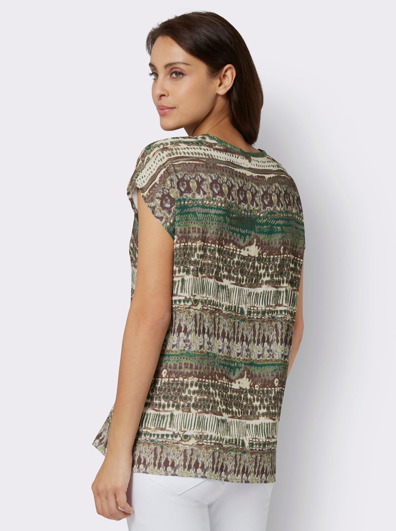 Blouse met korte mouwen en flatteuze plooi voor - rietgroen/choco bedrukt